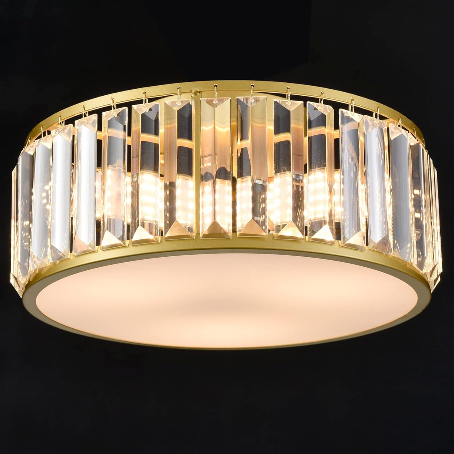 12 Inch Gold Crystal Flush Mount Ceiling Light 3-Light Drum Shade Ceiling Light Fixtures Luxury Crystal Glass Flush Mount Lighting for Bedroom Hallway Bathroom