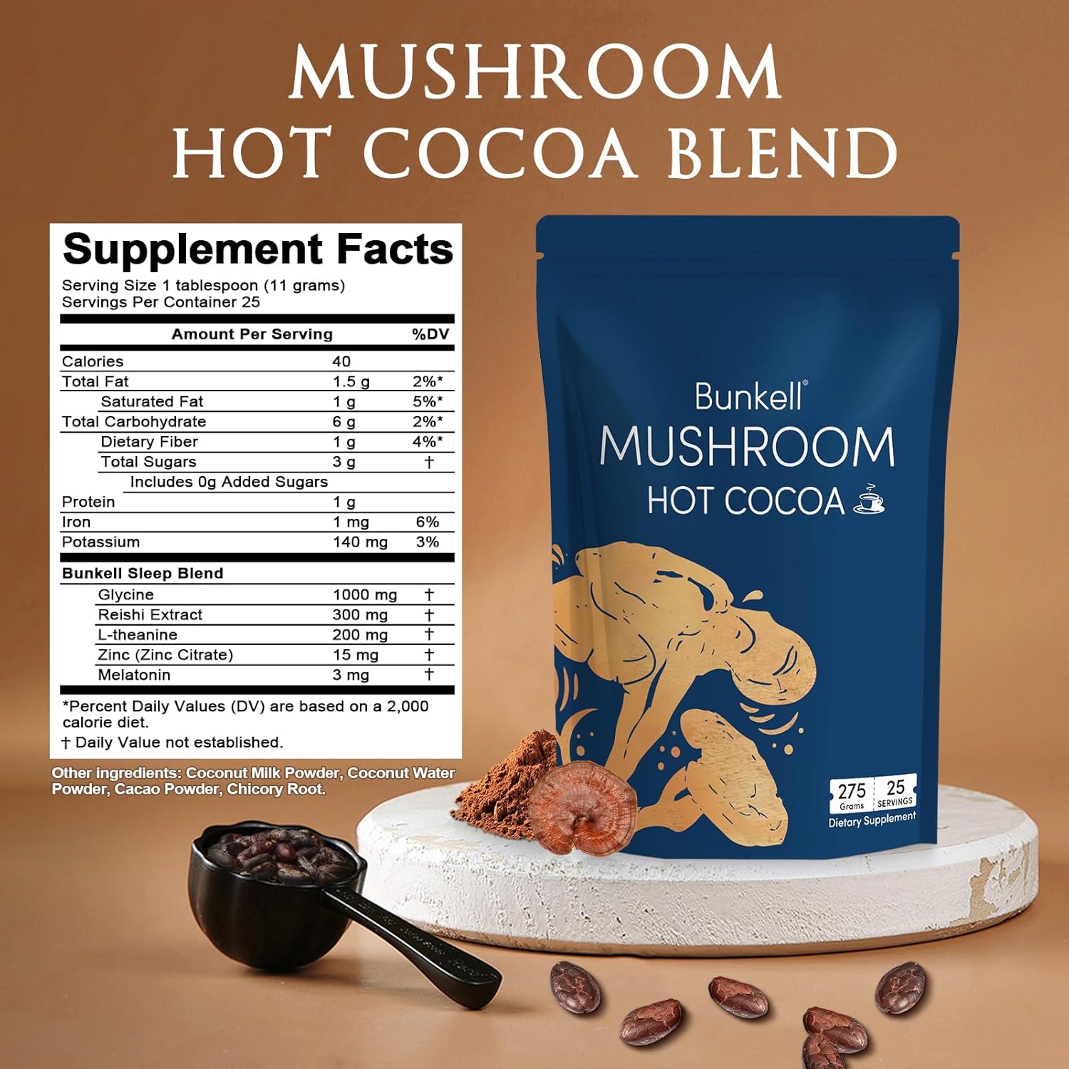 71Lp-ImvsQL._AC_SL1500_ Mushroom Hot Cocoa, Adaptogenic Mushroom with Reishi, L-Theanine, Chicory, Melatonin & Glycine, Melatonin, Sleep Hot Cocoa Supplement for Sleep and Stress Support, 25 Servings 1 Pack