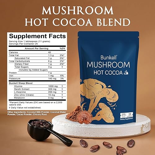 Miniatura 2 de Cacao caliente de hongos, hongo adaptogénico con reishi, L-teanina, achicoria, melatonina y glicina, melatonina, suplemento de cacao caliente para