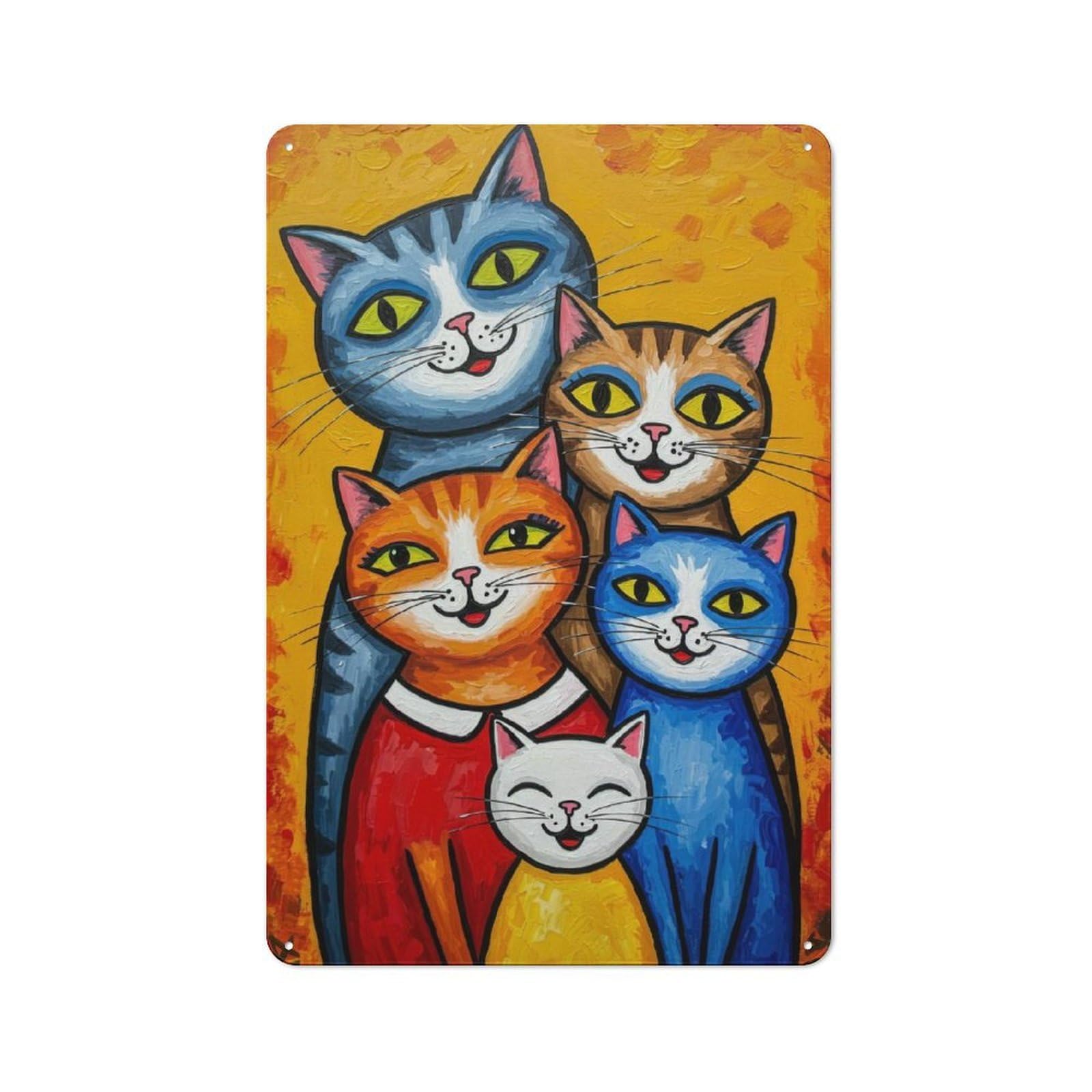 Junmoney Colorful Cat Family Portrait Painting Metal Wall Sign 30X20cm Featuring For Bar Or Restaurant, For Restaurant Interior Fans
