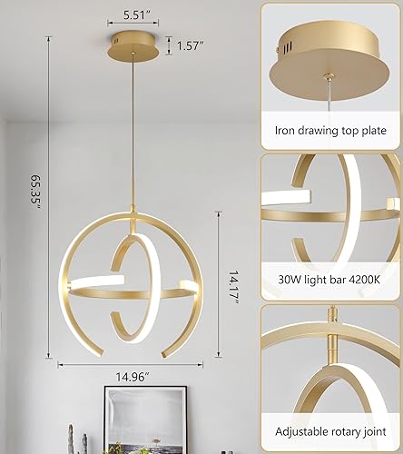 Miniatura 2 de Q&S Lámpara LED moderna de globo redondo dorado colgante para entrada, cocina, isla, comedor, sala de estar