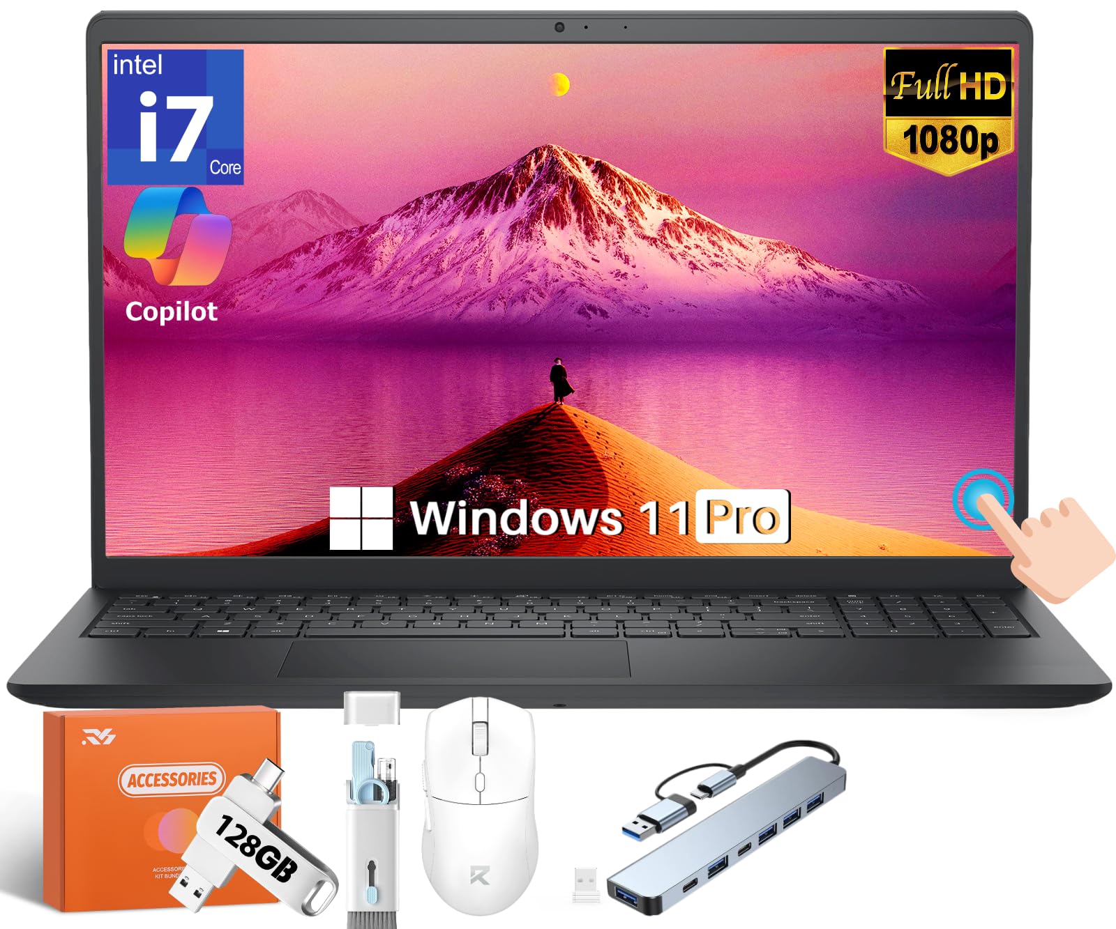 15.6" 2025 DC15250 Touchscreen Laptop, Intel 10-Core i7-1355U(up to 5.0GHz), 16 GB RAM, 1 TB SSD, FHD Anti-Glare Display, Copilot AI, Win 11 Pro, Wi-Fi 6, Privacy Camera, for Business and Student