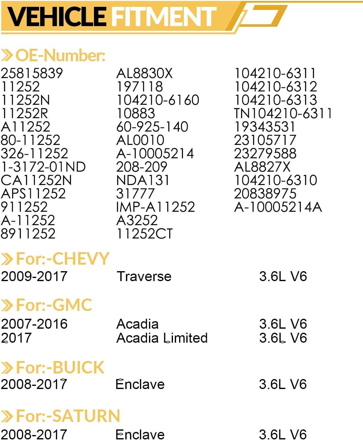 AATEE High Output Alternator for:-GMC Acadia 2007-2016, for:-Chevy Traverse 2009-2017, for:-Buick Enclave 2008-2017, for:-Saturn Outlook 2007-2010, V6 3.6L 12V 170Amp 6-Groove, OE# 25815839 (NEW)