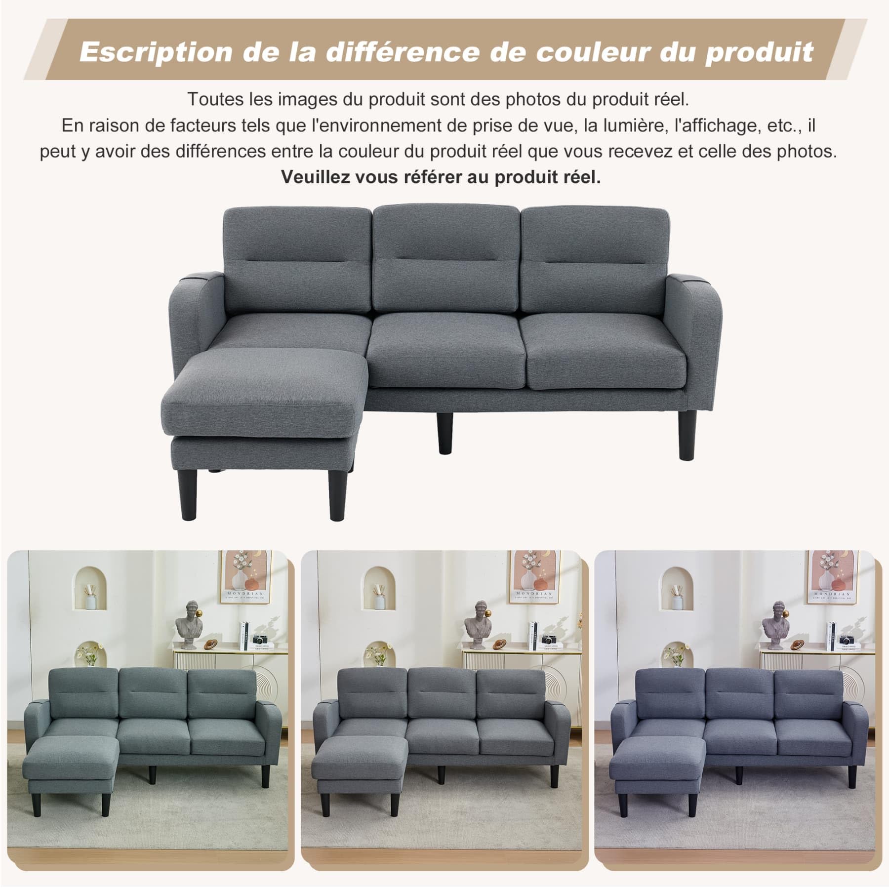 YEHTOKHOME Canapé d'angle en L à 3 Places avec Repose-Pieds,Gris