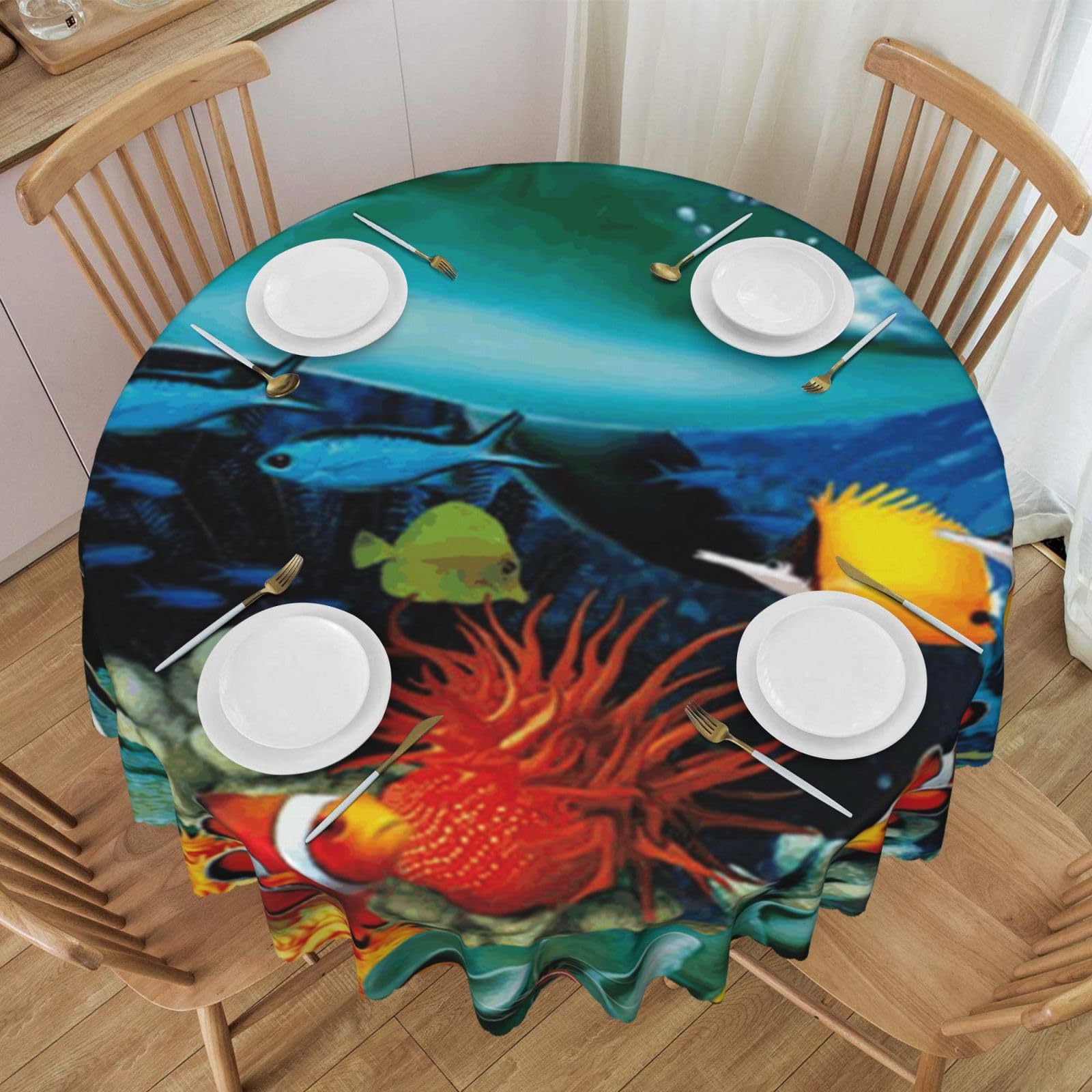 DCEHGEW 60 In Round Tablecloth with Lace, Tropical Fish Dolphin Coral Undersea Printed Oilproof & Washable Fabric Picnic Table Cloth Table Covers