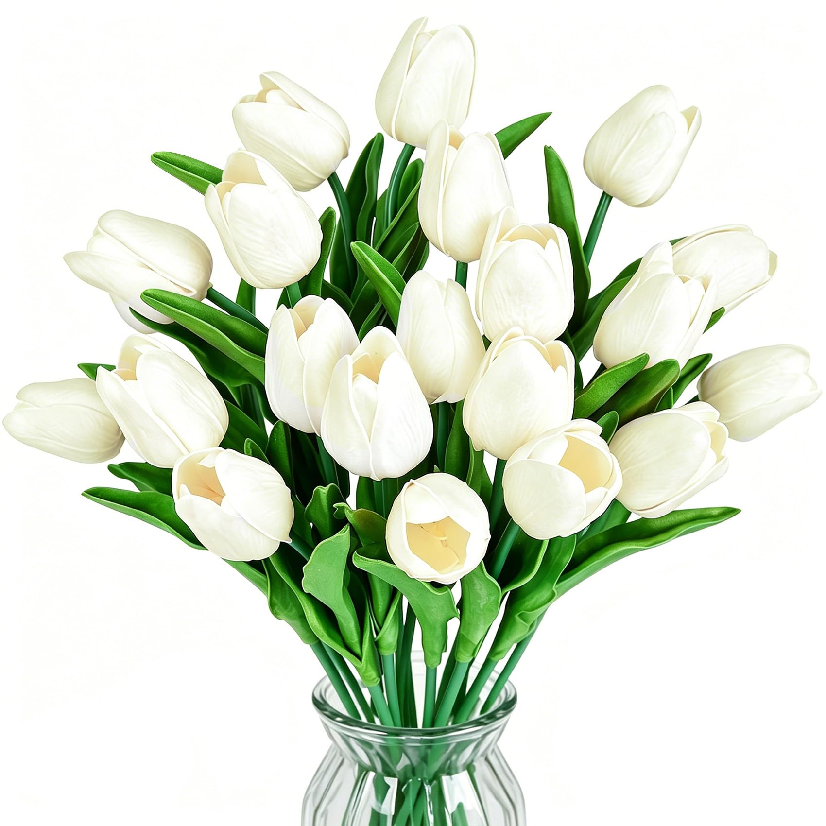 ADORAMOUR White Artificial Tulips - 20 Pack 34cm Length Fake Flower Bouquet, Real Touch PU Faux Floral Decor for Vase, Wedding Table, Home Indoor, Spring Easter & Party