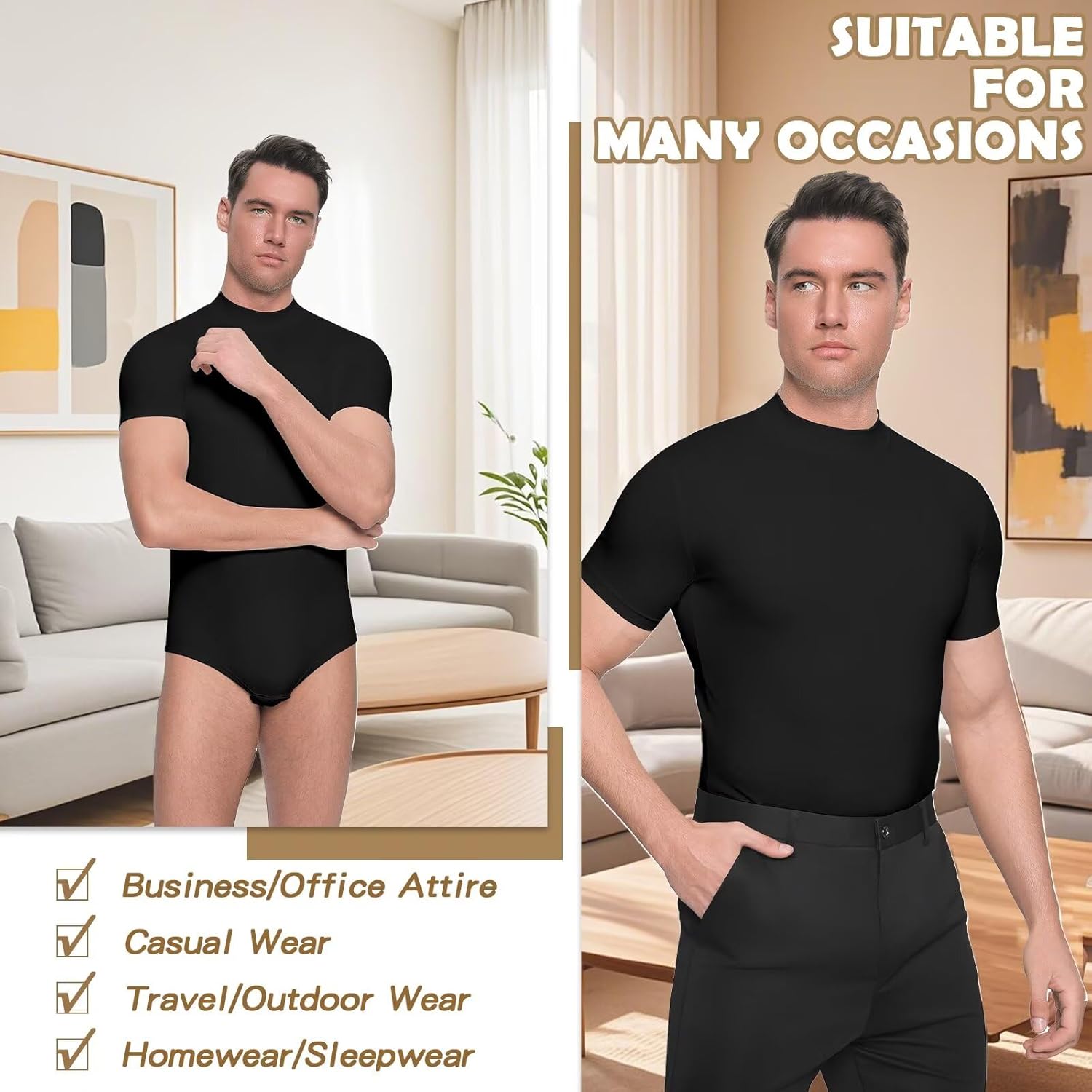 Landofgenie Mens Mock Neck Short Sleeve Onesie Solid One Piece Bodysuit Basic Romper Pajama Crotch Snaps - Image 6