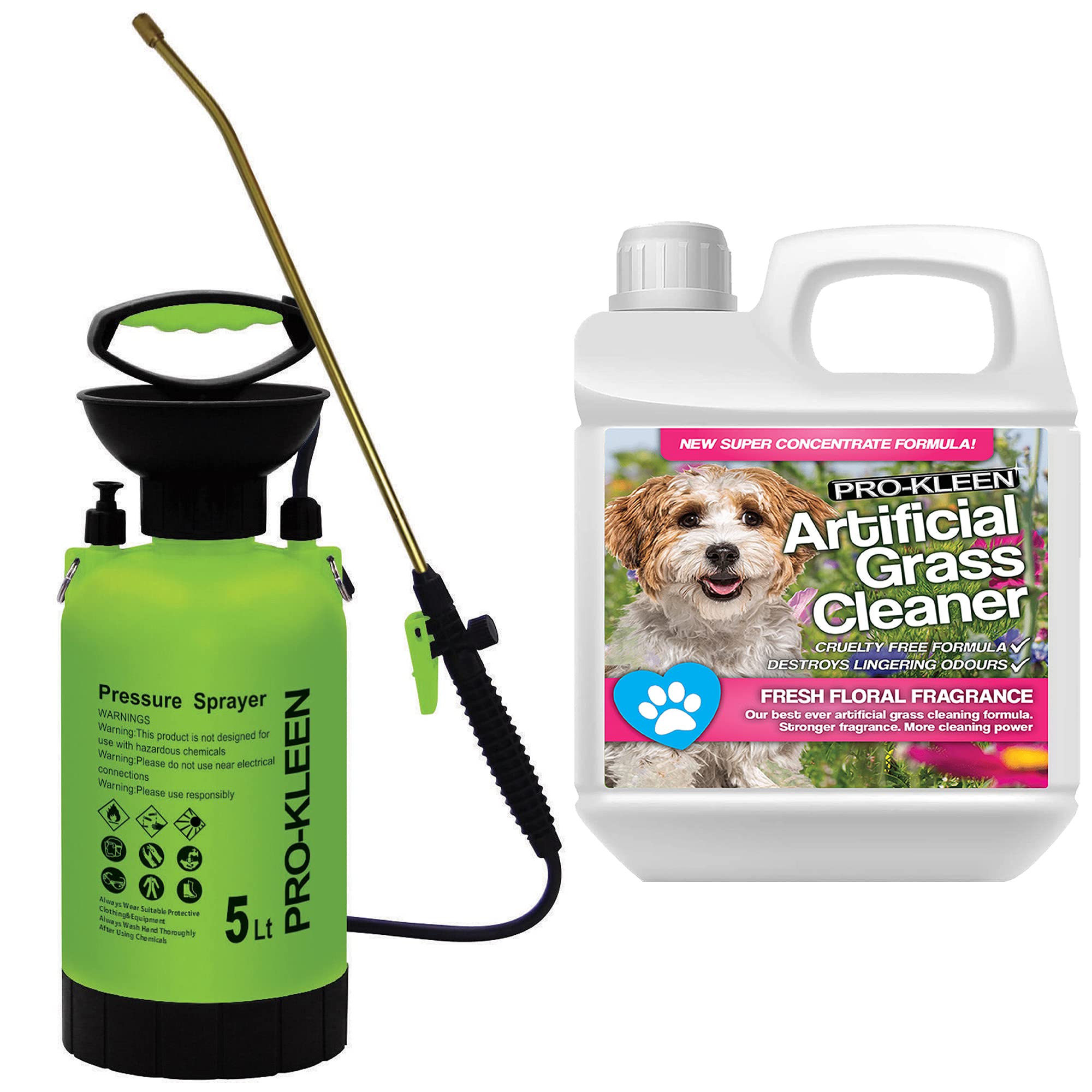 Pro-Kleen Garden Pressure Pump Sprayer Manual Action 5L With Brass Lance & Spare Seal Kit 1L Floral Fragrance Artificial Grass Cleaner