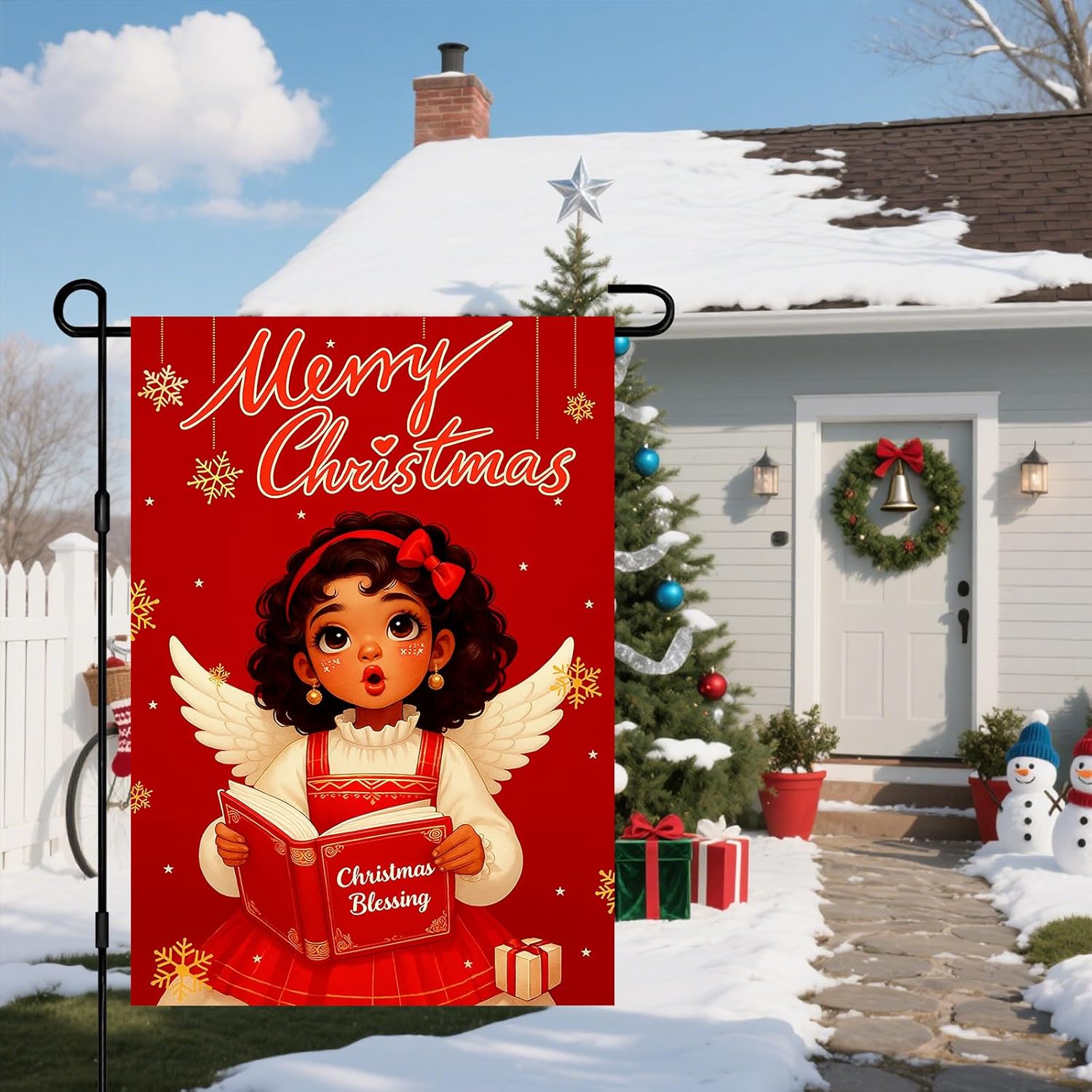 IVN Christmas Garden Flag 12x18 Inch Christmas Wishes Black Girl Angel Holding Blessing Book Religious Xmas Carols African American Flag Double Sided Outdoor Yard Banner for Outside Home Front Door Lawn Porch Patio Welcome Decor - Image 6