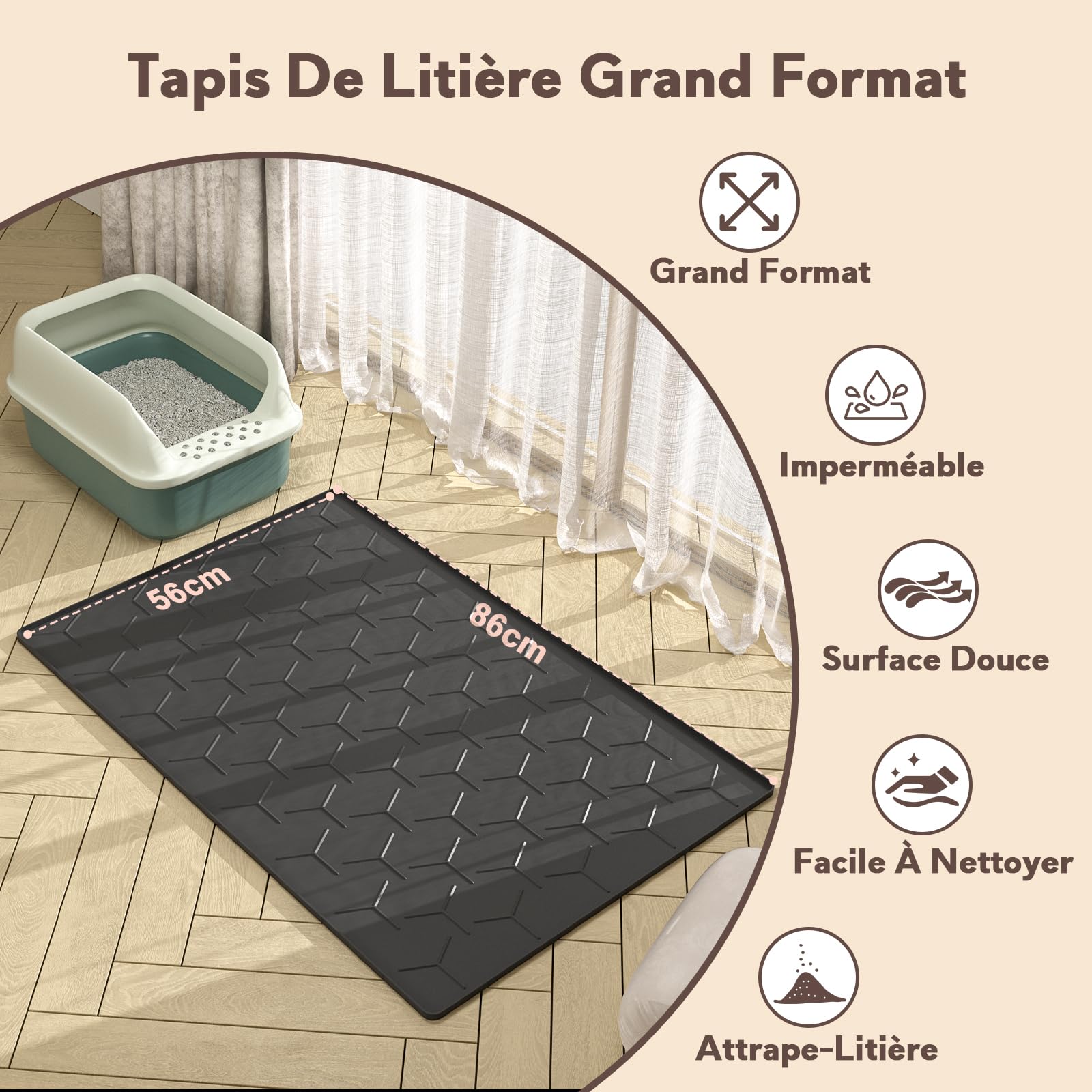 Garoopion Tapis Litiere Chat, 86x56cm Tapis de litière pour Chat en Silicone, Imperméable Facile à Nettoyer, Noir
