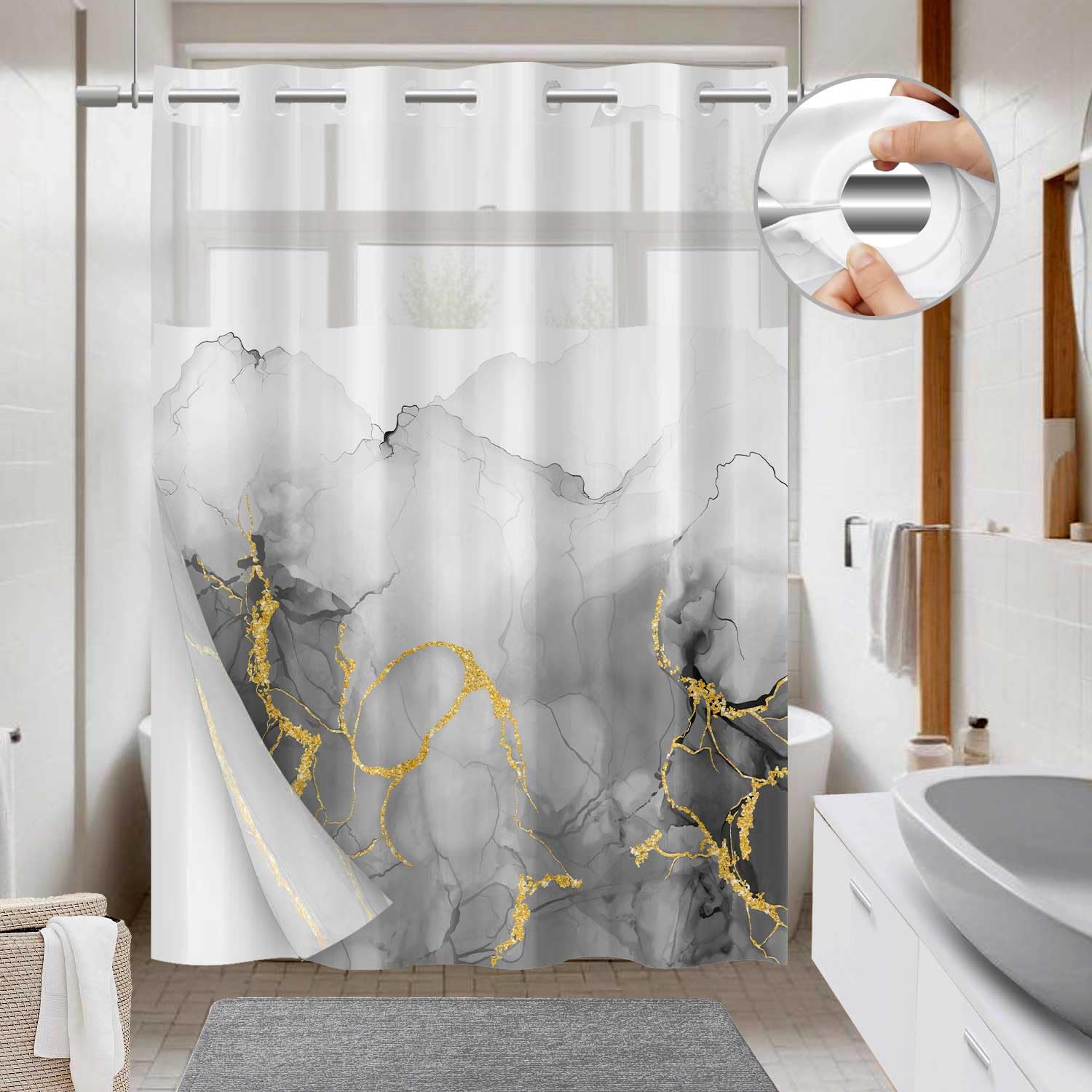 TERSUM No Hook Shower Curtain With Snap In Liner