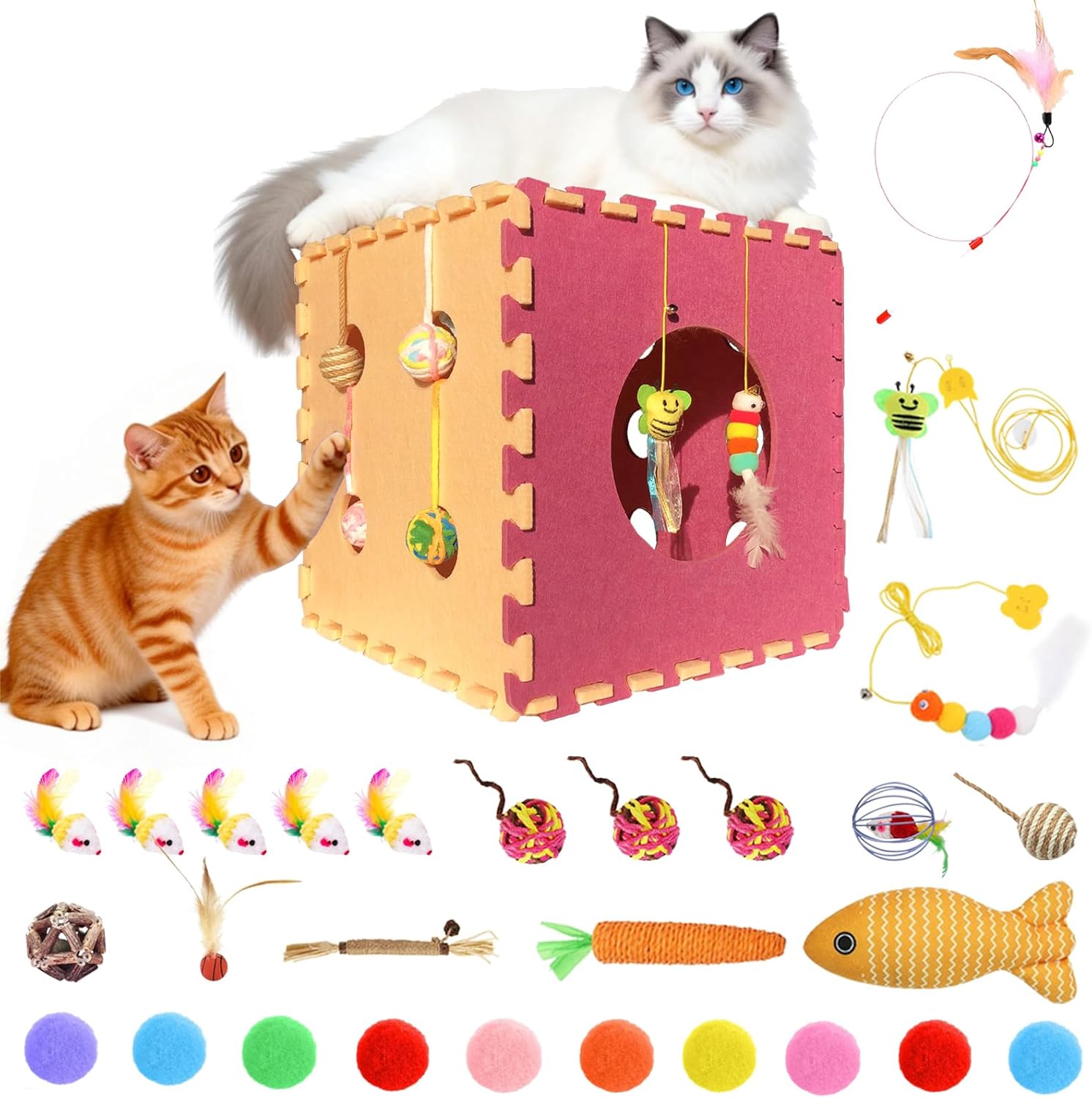 Cat House for Indoor Cats, Foldable Cat Bed Cave, Felt Cats House, Interactive Cat Toys for Indoor Cats, Includes Cooling Mat, Cats Wand Toy, Balls, Feather Wand, Bells Toys