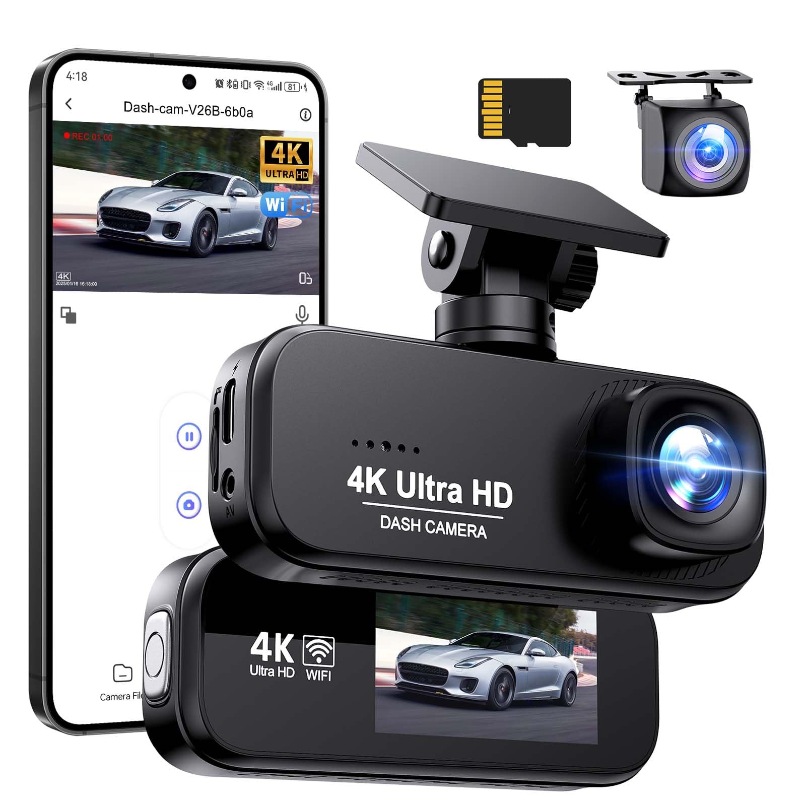 SAVUSCAM Dash Cam 4K + 1080P, WiFi Dash Cam Front and Rear, 64GB SD Card Included, Dual Car Camera Dashcam with Night Vision, WDR, 170° Wide Angle, G-Sensor, App Control, Loop Recording V32
