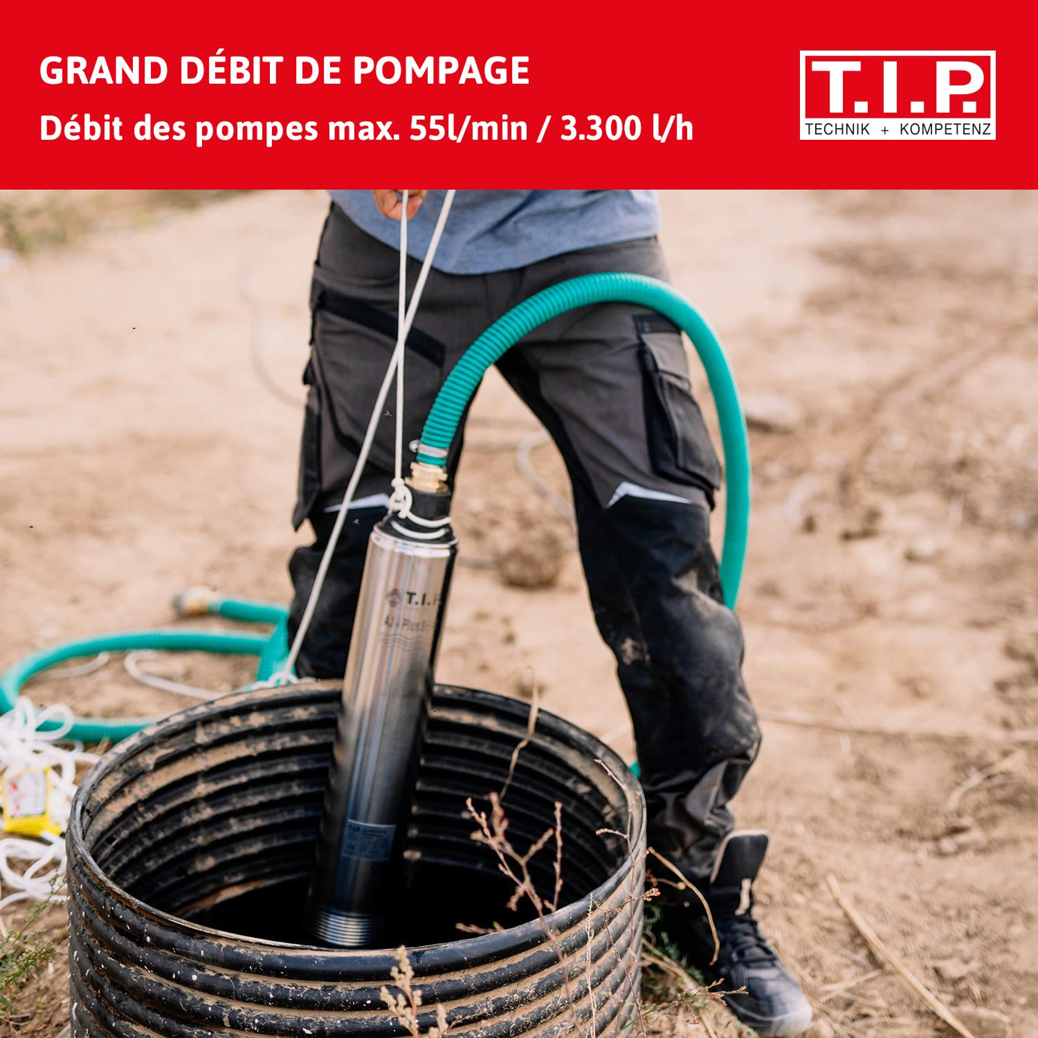 T.I.P. AJ 4 PLUS 55/50 Pompe Submersible pour Puits Profonds Débit 3300 l/h Hauteur de Refoulement 50 m Pression d'Eau 5,0 bar Puissance 800 W Profondeur d'Immersion max 20 m Couleur Noir Argent