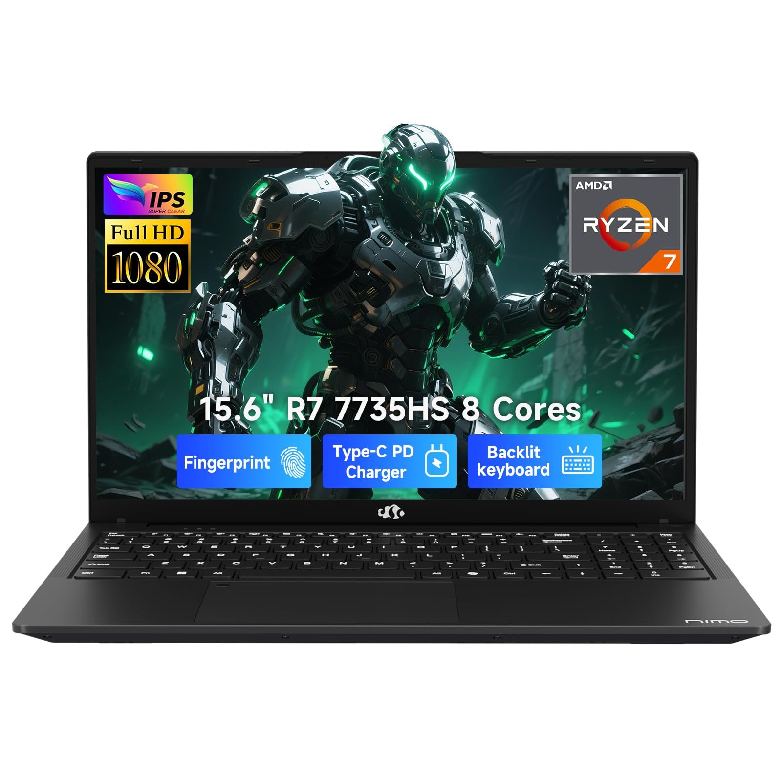 NIMO 2025 Light-Gaming-Laptop, 15.6" AMD 8 Cores Ryzen 7 7735HS (Up to 4.75GHz, Beat i7-12650H) 64GB DDR5 RAM 2TB SSD IPS FHD Computer with Radeon 680M 100W Type-C Backlit KB Fingerprint