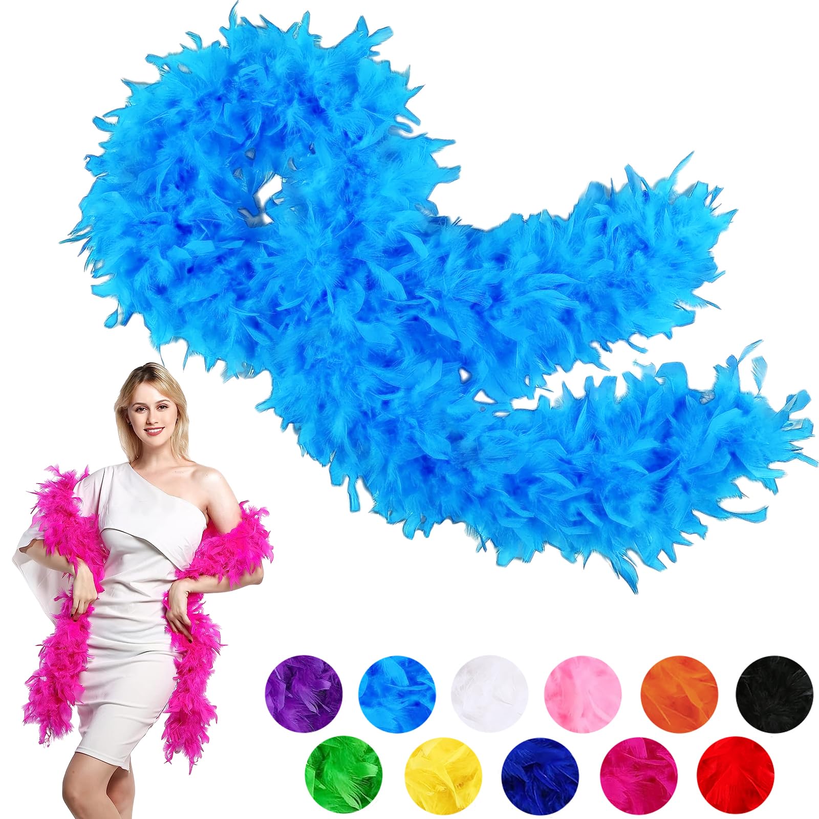 80g Lake Blue Feather Boa Thick Fancy Dress for Adults,Kids,2m/6.6ft Natural Turkey Feather Boa Blue,Party Fluffy Boa Feather Scarffor Bulk for Women,Girls,Wedding Bachelor Halloween Christmas Party