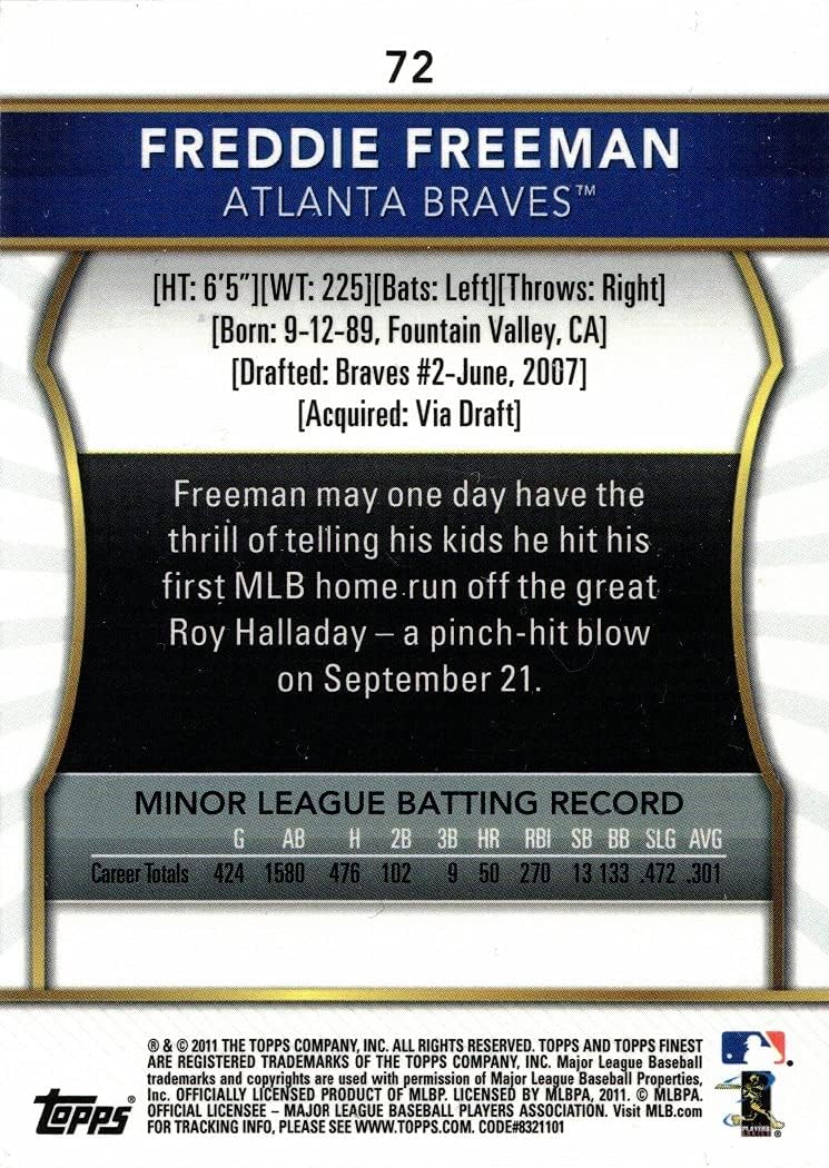 2011 Topps Finest Baseball #72 Freddie Freeman Rookie Card