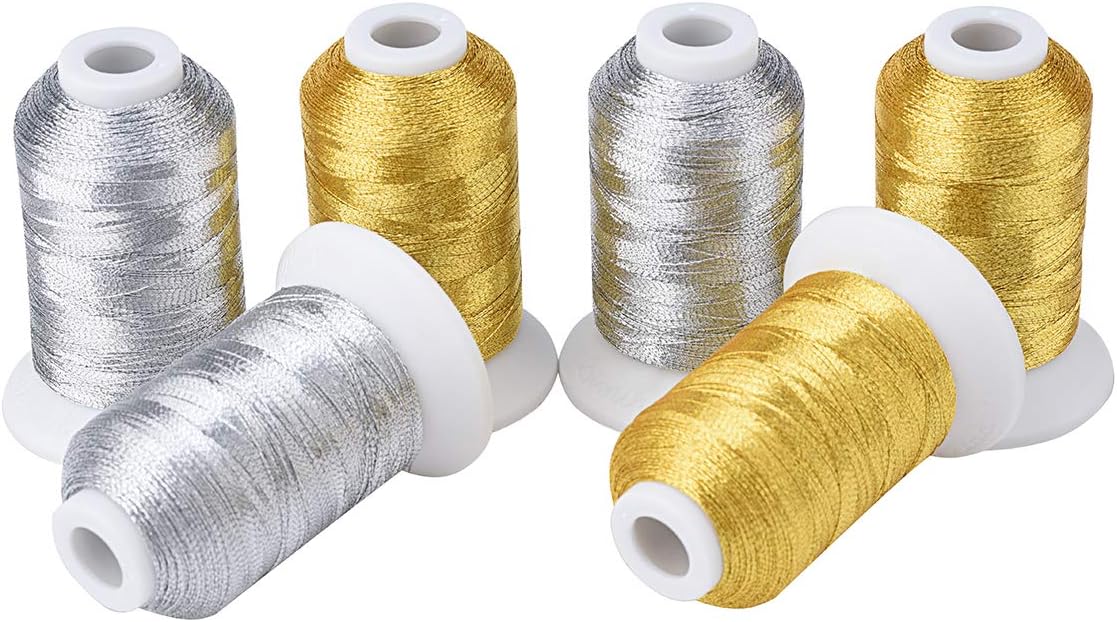 Simthread 6 Spools Metallic Embroidery Machine Thread (3 Gold+ 3 Silver Colors) 500M(550Y) for Embroidery and Decorative Sewing