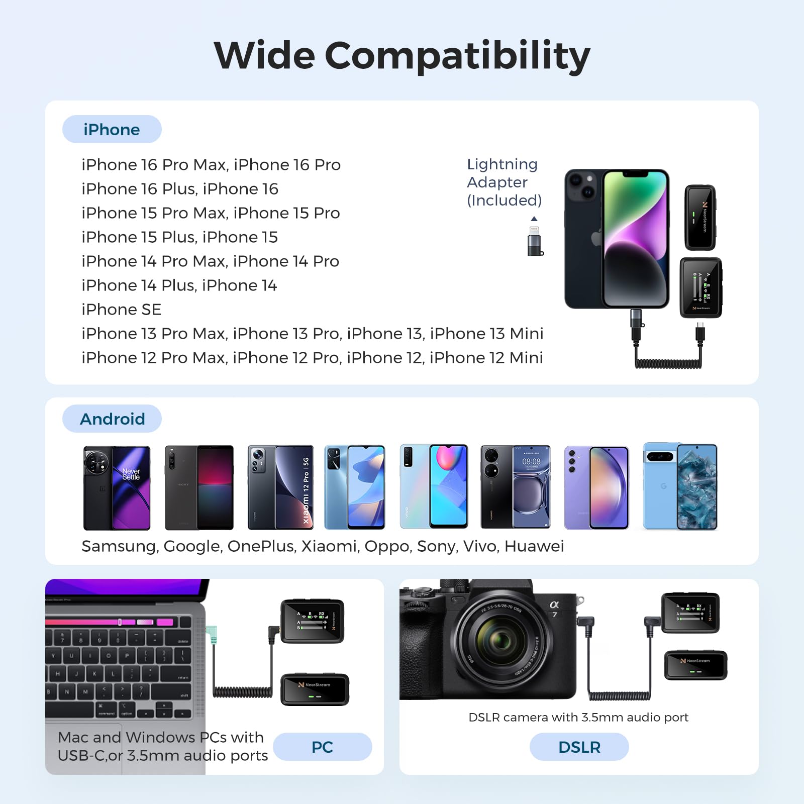NearStream Microfono Lavalier Wireless iPhone, Android, Fotocamere e PC | Cancellazione AI del rumore, 7 h, trasmissione 200 m, display LCD, microfono wireless per streaming e registrazioni