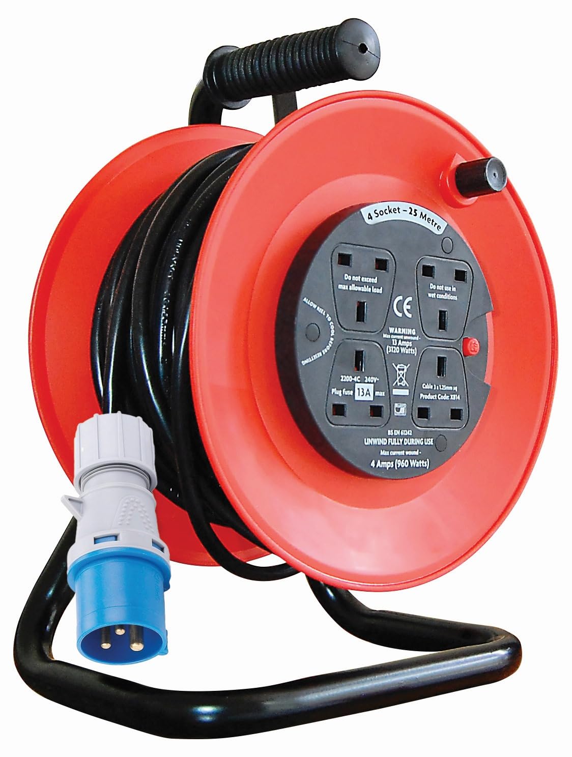 K M Electronics 16A PLUG TO 4 13A SOCKETS CAMPING CARAVAN TENT MAINS HOOK UP EXT CABLE STAND 25M