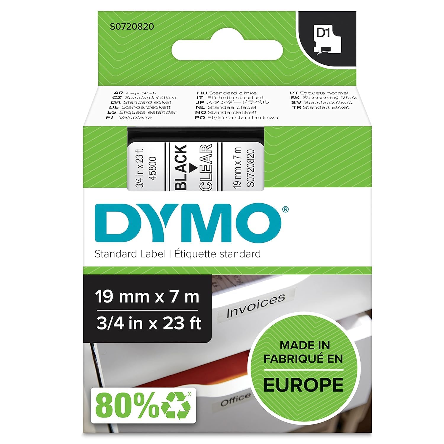 DYMO Authentic D1 Labels, Black Print on Clear Tape, 19mm x 7m, Self-Adhesive Labels for LabelManager and MobileLabeler Label