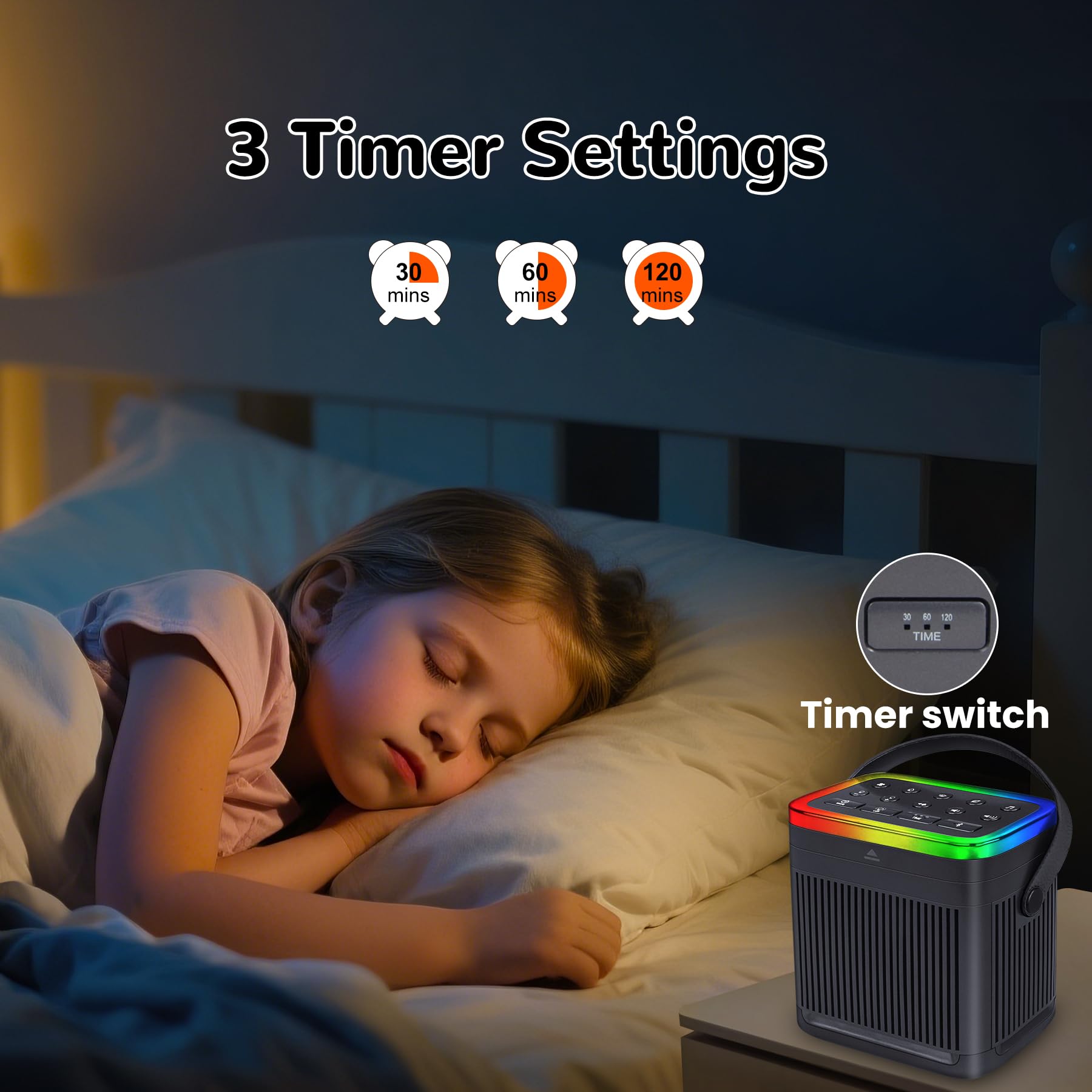 Geräusch-Maschine mit weißem Rauschen, tragbare Geräusch-Maschinen mit 7 Farben, Nachtlichtern, 70 beruhigende Geräusche, Bluetooth-Lautsprecher, Speicherfunktion, braunes Rauschen für Babys, Kinder