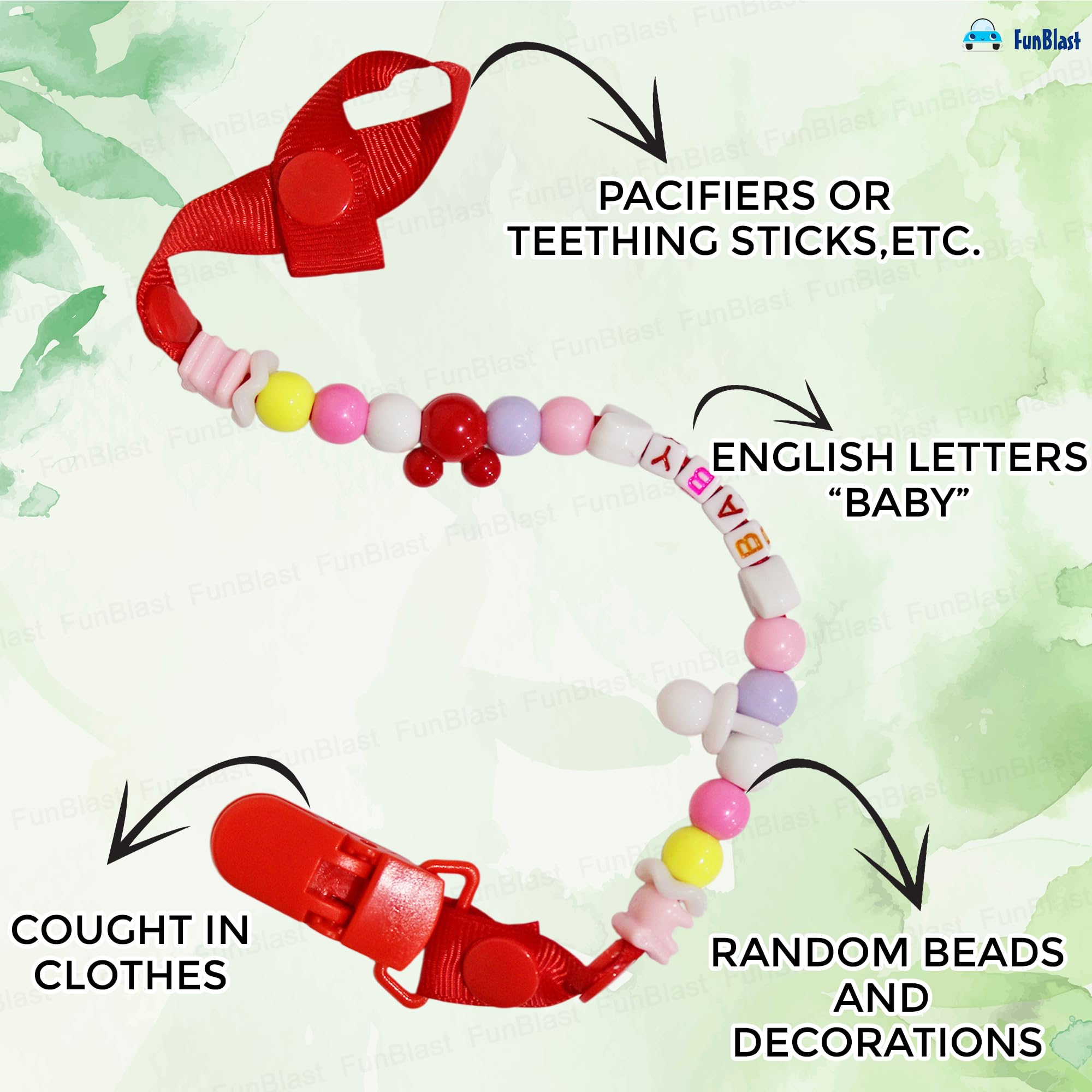 FunBlast Nipples Children Holder Pacifier Clip - Adjustable New Baby Beads Chain Rope Dummy Teether Holders Leash for 0+ Months Babies, Newborn, Toddlers (Red) - Image 8 thumbnail
