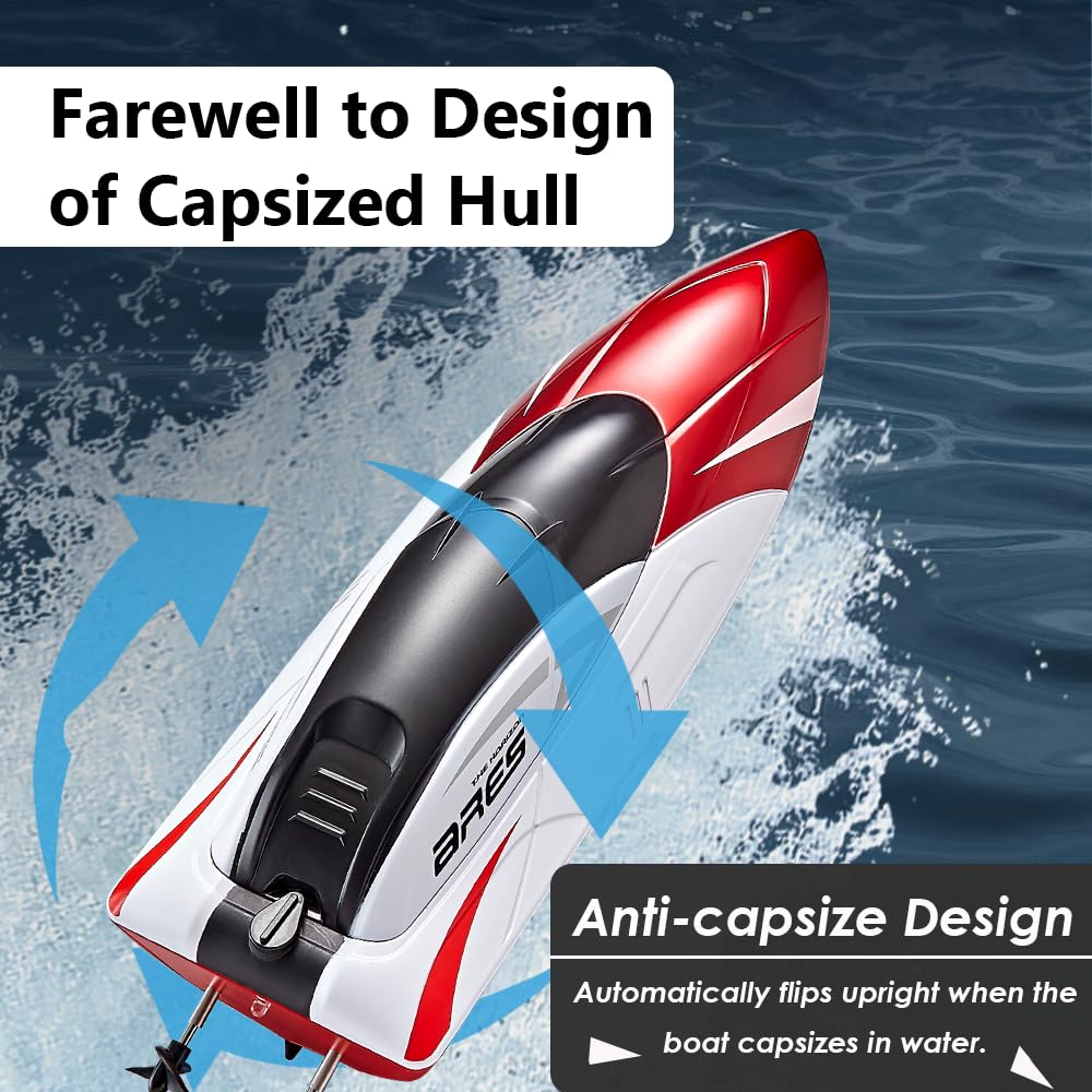 RC Boat with LED Light, Remote Control Boat for Pools and Lakes, 3+ Hours, 2.4Ghz 20+ MPH Electric Boats for Kids & Adults, 2 Rechargeable Batteries, Low Battery Alarm, Summer Water Toys Gifts, Red