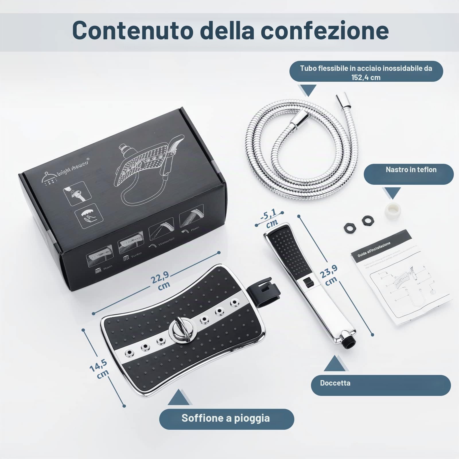 BRIGHT SHOWERS Set doppio soffione doccia combinato, soffione doccia a pioggia con quadrante nero, lungo 152 cm, tubo doccia in acciaio inox, cromato