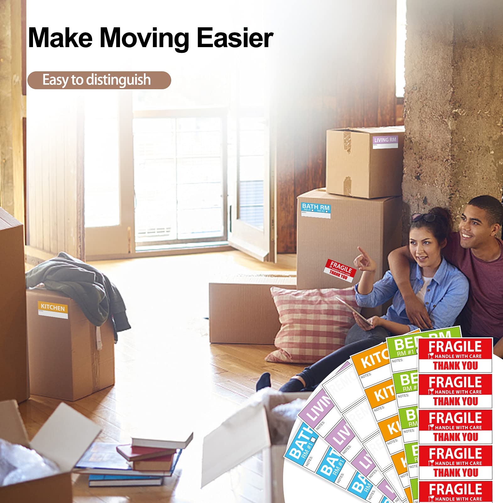 1.25"x4" Home Moving Labels For Boxes,570 Count Color Coded Moving Stickers,Includes - View #12