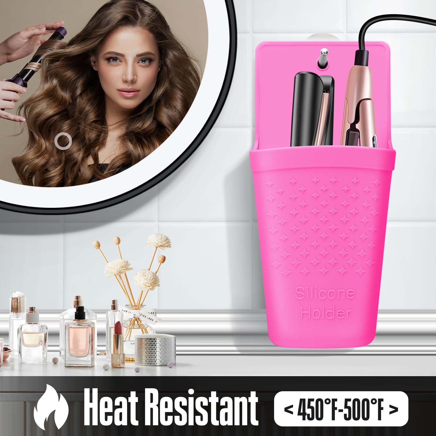 Alfombrilla y bolsa de silicona resistente al calor, plancha de pelo portátil de viaje y soporte para herramientas de peinado del cabello. 1 paquete (rosa intenso) 3