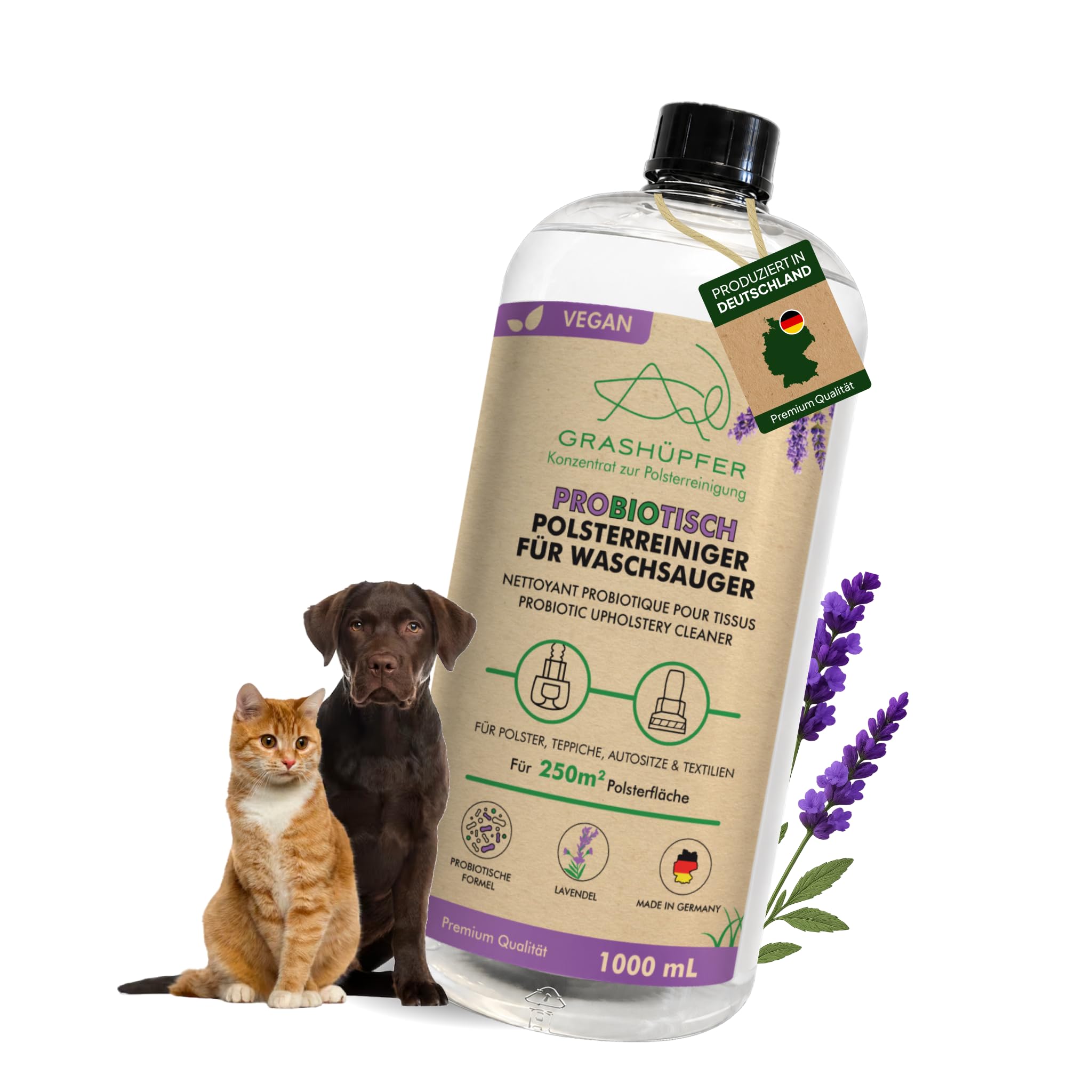 GRASHÜPFER® Probiotischer Polsterreiniger Konzentrat 1L [FÜR TIERHAUSHALTE] – für Waschsauger & Nasssauger – Sofa, Teppich, Matratze & Autositze [MEDITERRANER LAVENDEL] Drogerie & Körperpflege