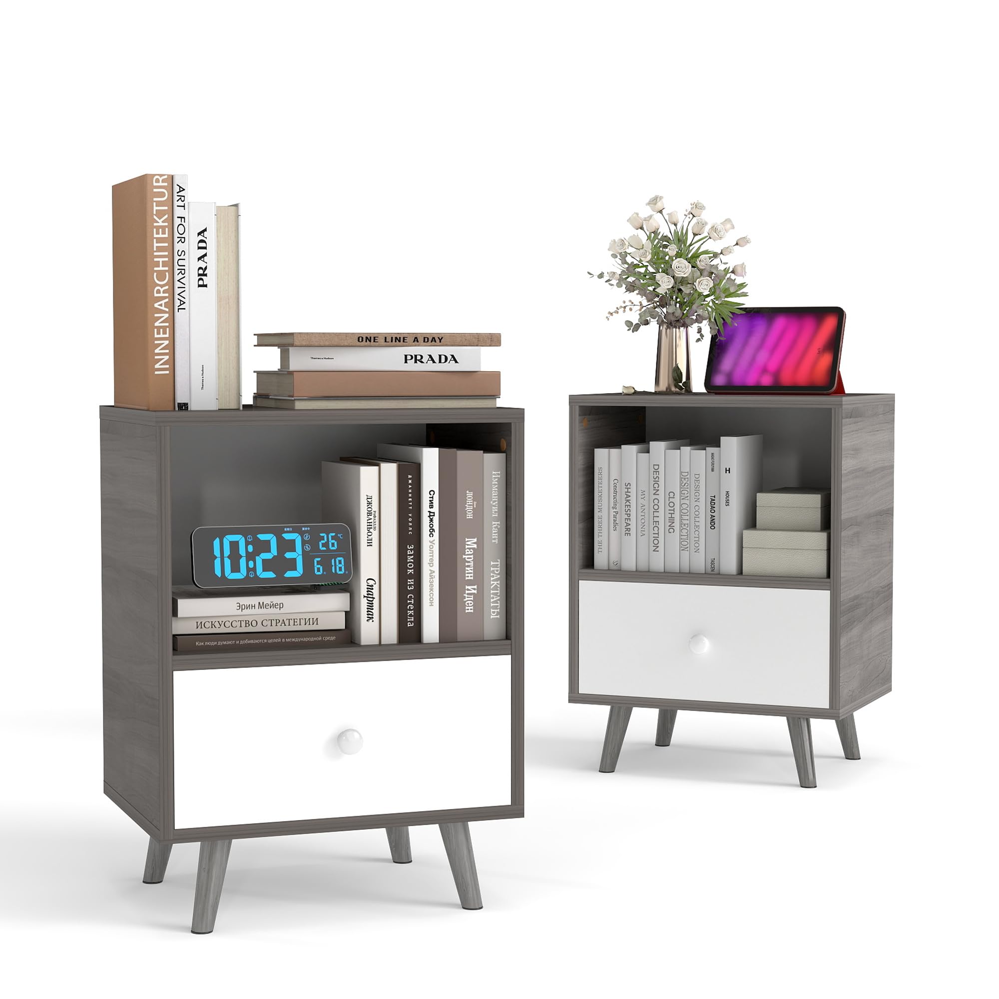 JAXPETY Nightstands Set of 2, Night Stand with Drawer and Open Storage Shelf, Bedside Tables with Solid Wood Legs, End Table, Side Table, for Bedroom(