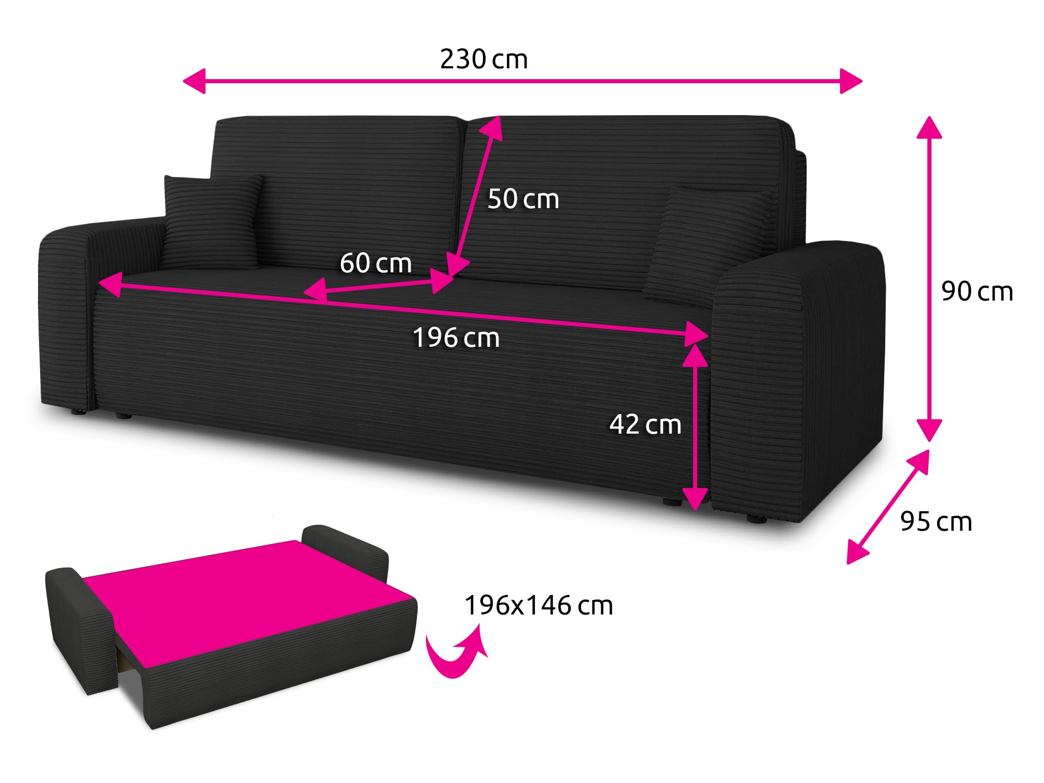 Sofnet - Schlafsofa Spark mit Bettkasten (Beige, Poso 100) | Sofa mit Schlaffunktion, Bettsofa, Polstersofa, Bonellfederkern, Cordstoff, große Schlaffläche, TOP Design