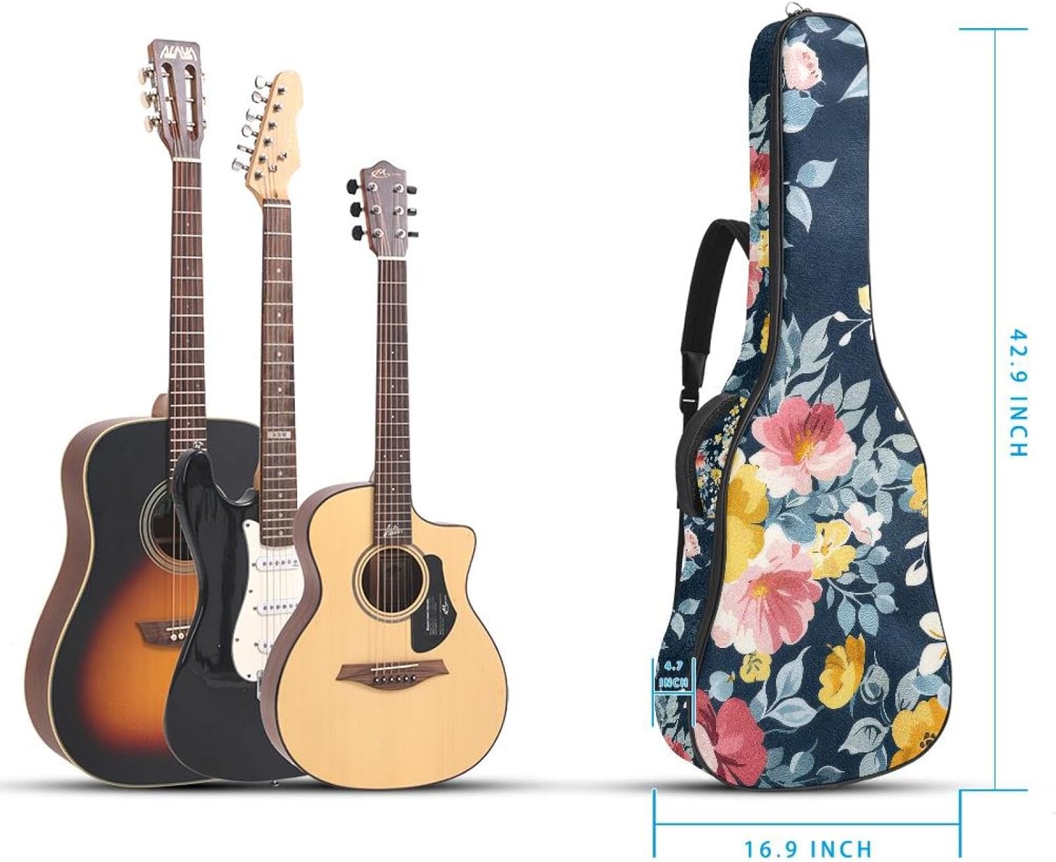 40 41 42 Inch Acoustic Guitar Bag, 0.4 In Thick Sponge Padded Guitar Case Gig Bag with Back Hanger Loop and 2 Pockets, Colorful Blossom