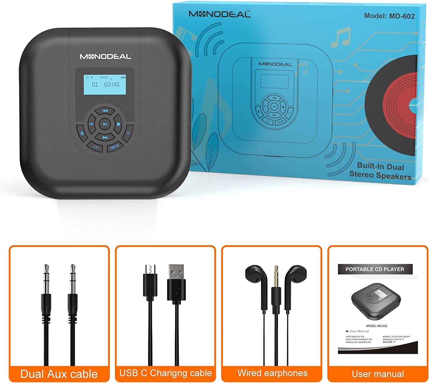 MONODEAL lecteur portable Bluetooth rechargeable avec haut-parleur et émetteur FM, CD pour voiture, petit lecteur antidérapant