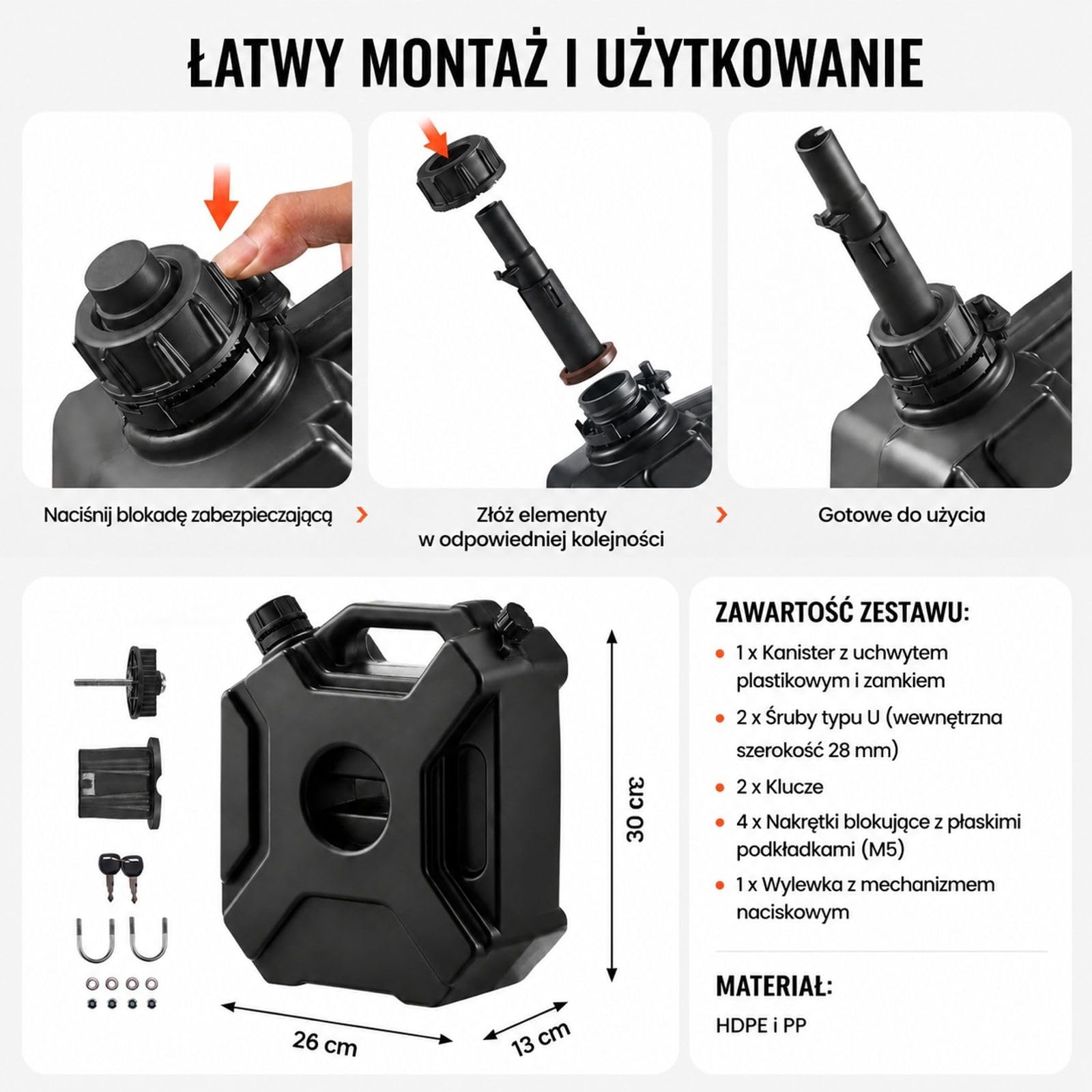 Kanister na paliwo 5 l z dzióbkiem i zamykanym uchwytem, przepływ 15 l/min, pojemnik HDPE i PP, czarny, do samochodów, motocykli, quadów i UTV