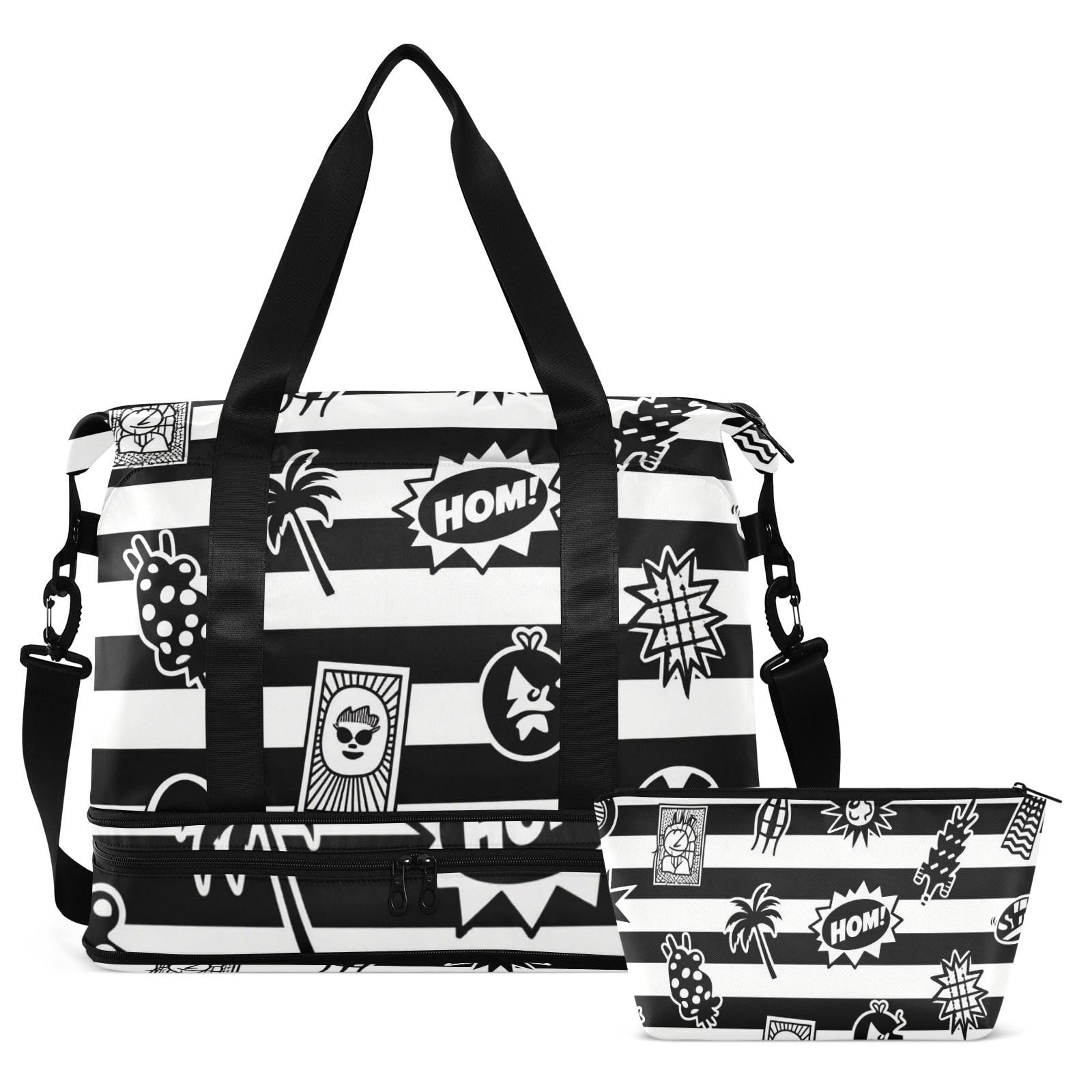 Reisetasche mit Nassfach, verstellbarer Riemen, für Trekking, multifunktional, für Damen und Herren, Schwarz / Weiß gestreift
