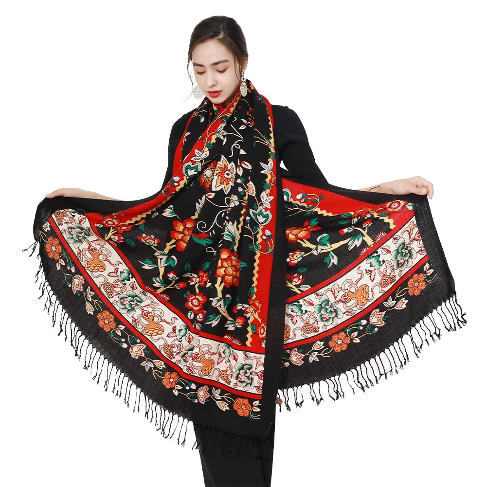 DANA XU 100% Merino Wool Pashmina Shawl, Black Red Garden Border, 96x43 in
