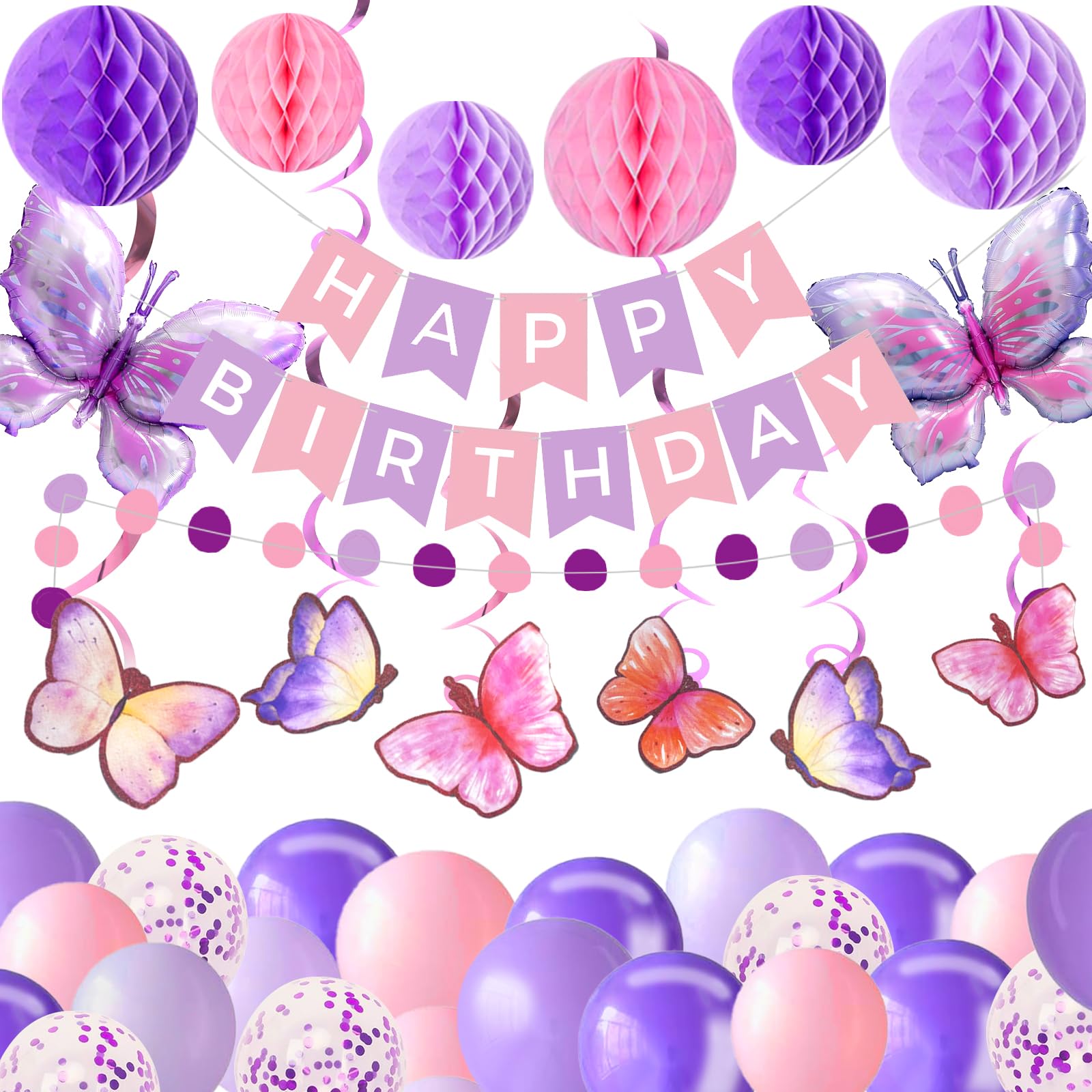 Birthday Decorations, Happy Birthday Balloons Banner with Honeycomb Ball, Butterfly Hanging Swirls with Butterfly Foil Balloon,Circle Dots Garland,