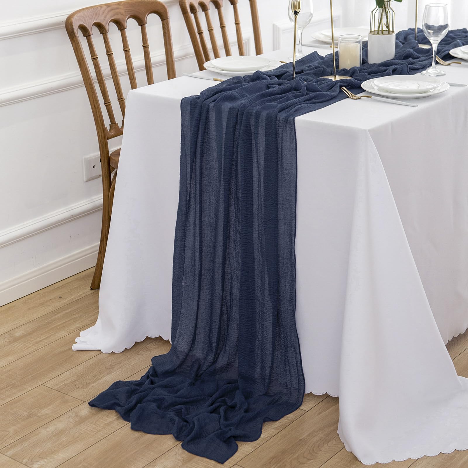 AOKSUNOVA Runner da tavolo blu, runner da tavolo per matrimonio in chiffon 4 m x 80 cm, tessuto blu scuro