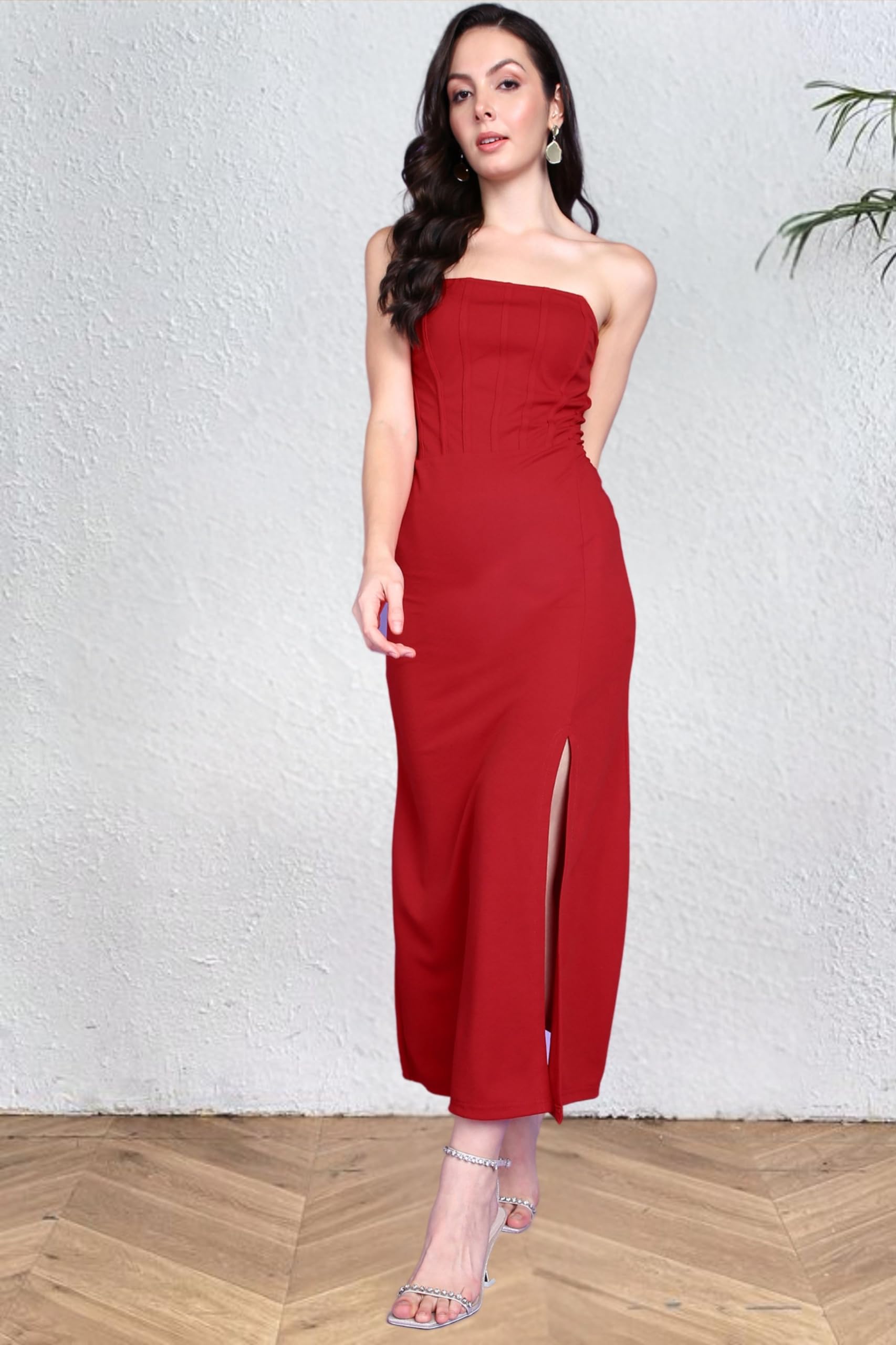 Popwings Casual Solid Sleeveless Slit Long Corset Dress For Women || Latest Stylish Western Summer Dresses For Women || Sleeveless Trendy Off-Shoulder Women Dresses For Parties Red