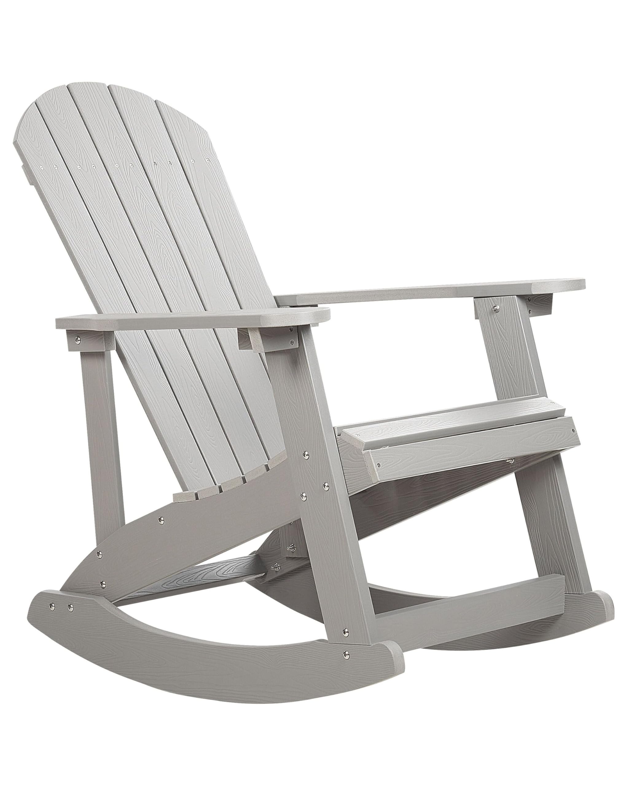 Ogrodowy fotel bujany drewno syntetyczne krzesło na płozach salon patio jasnoszary Adirondack