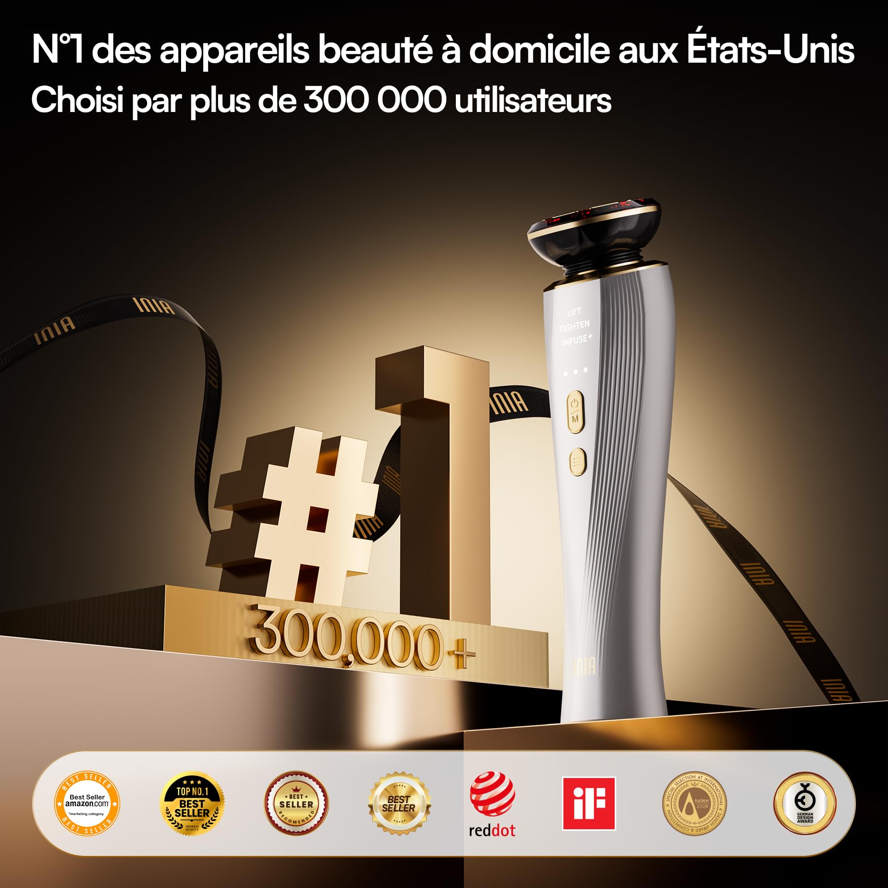 INIA Appareil de Lifting Visage Micro-courant & Luminothérapie - Soin Anti-Âge pour Raffermir et Lisser la Peau du Visage et du Cou - Réduction des Rides et Poches - Massage Facial