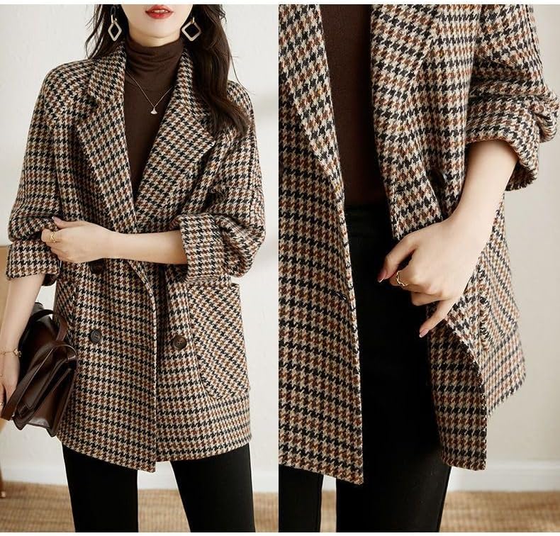 utcoco Womens Notched Lapel Pea Coat Double Breasted Blazer Jackets Houndstooth Woolen Blend Overcoat with Pockets - Image 2