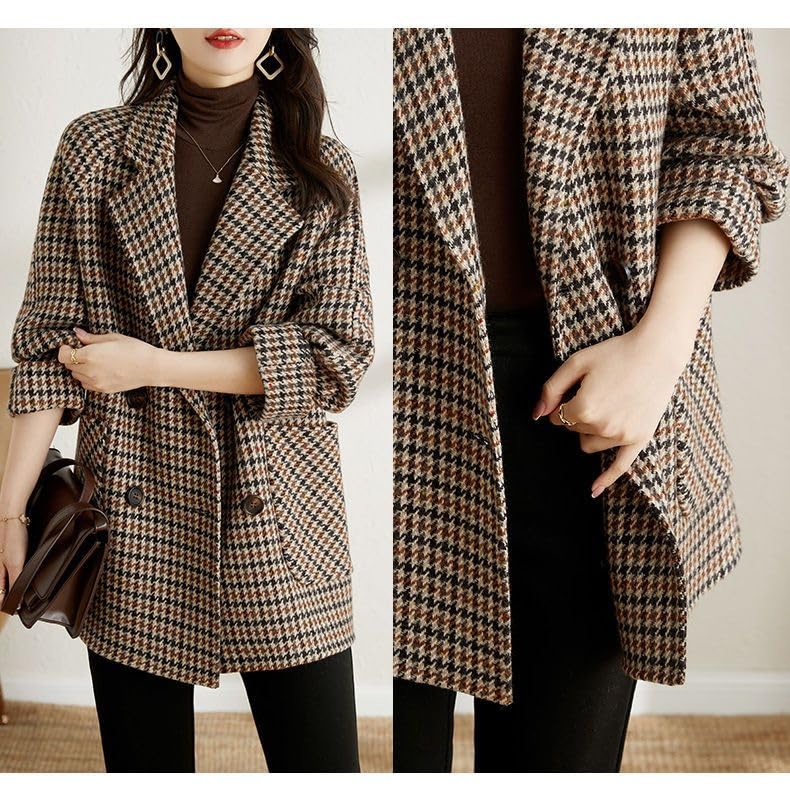 utcoco Womens Notched Lapel Pea Coat Double Breasted Blazer Jackets Houndstooth Woolen Blend Overcoat with Pockets2