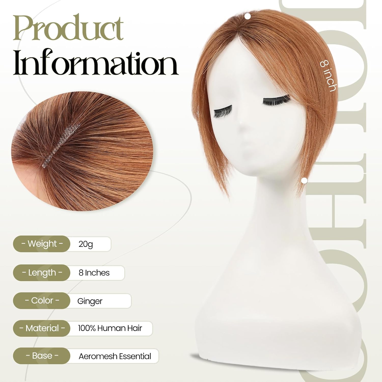 Human Hair Toppers for Women 8 Inch Real Human Hair Topper with Curtain Bangs,5"x3" Upgrade SilkHug Swiss Base（Ginger 30#）