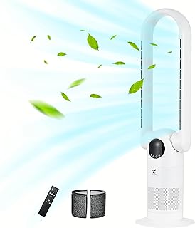 Ocean Loong Bladeless Tower Fan & HEPA Air Purifier in One, 9 Speeds & 9H Timer Quiet Cooling Fan, 90° Oscillating with Remote, 38.6” Floor Fan for Bedroom Home Office, AC68P, White