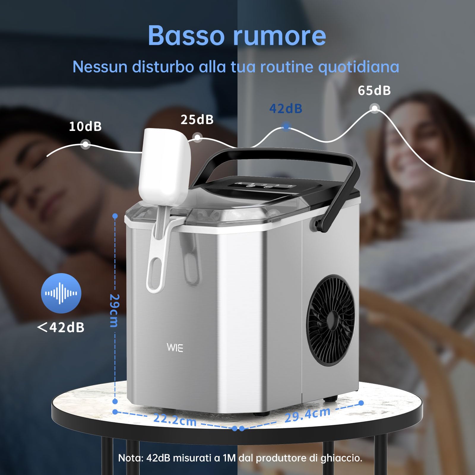 WIE Macchina Ghiaccio, 1.5L Macchina del Ghiaccio, 9 Cubetti di Ghiaccio in 6 Minuti, con Maniglia/Cestello/Pala/Silenzioso, Acciaio Inossidabile