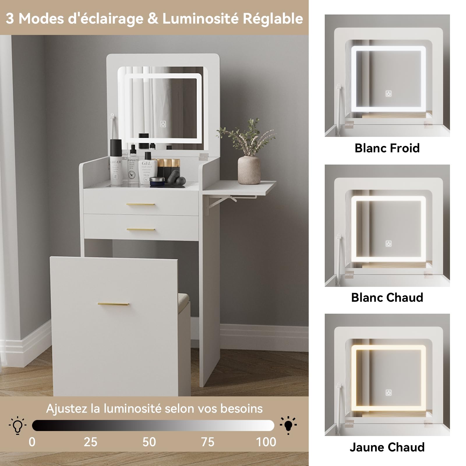 YU YUSING Coiffeuse 3 en 1 avec Miroir LED Rabattable 50-75cm, Tabouret de Rangement, 2 Tiroirs et Plateau en Verre, Table de Maquillage Gain de Place, Petite Coiffeuse en Bois, Moderne, Blanc